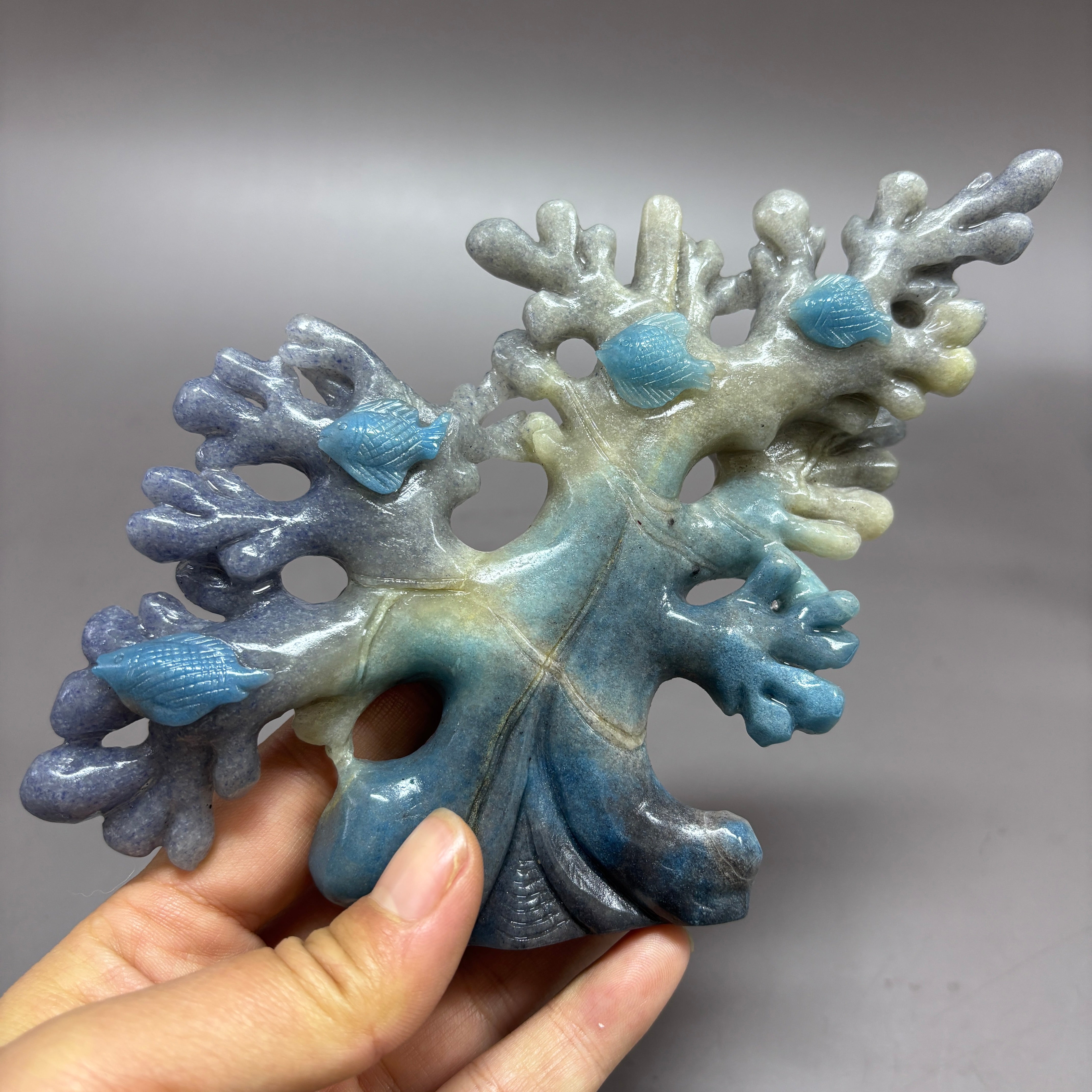 Coral Fish Ocean Scene Natural Trollite Crystal Carving Table Decor Gift Home Decor