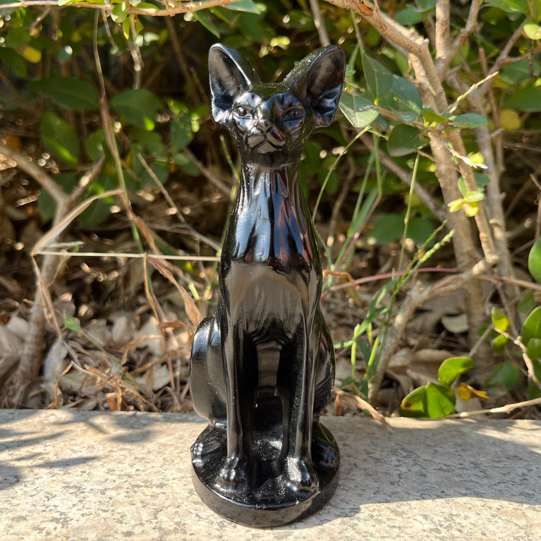 15CM Black Obsidian Egyptian Cat Sphynx Cat Carving Natural Crystal Healing Stone Home Decoration