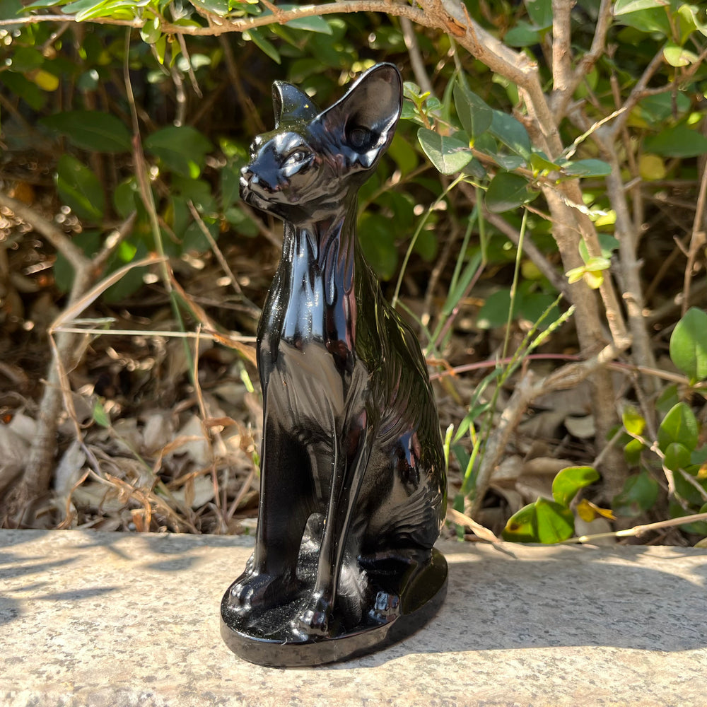 15CM Black Obsidian Egyptian Cat Sphynx Cat Carving Natural Crystal Healing Stone Home Decoration