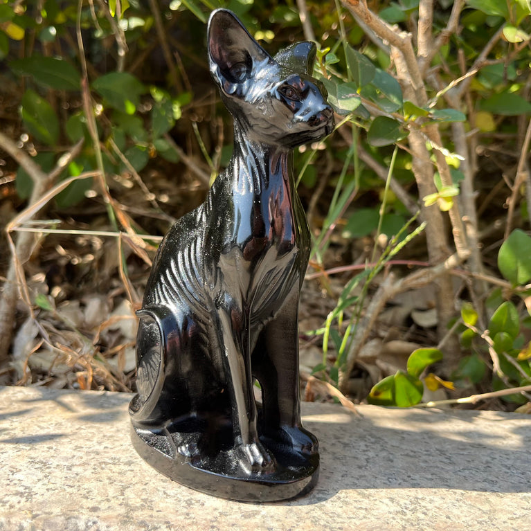 15CM Black Obsidian Egyptian Cat Sphynx Cat Carving Natural Crystal Healing Stone Home Decoration