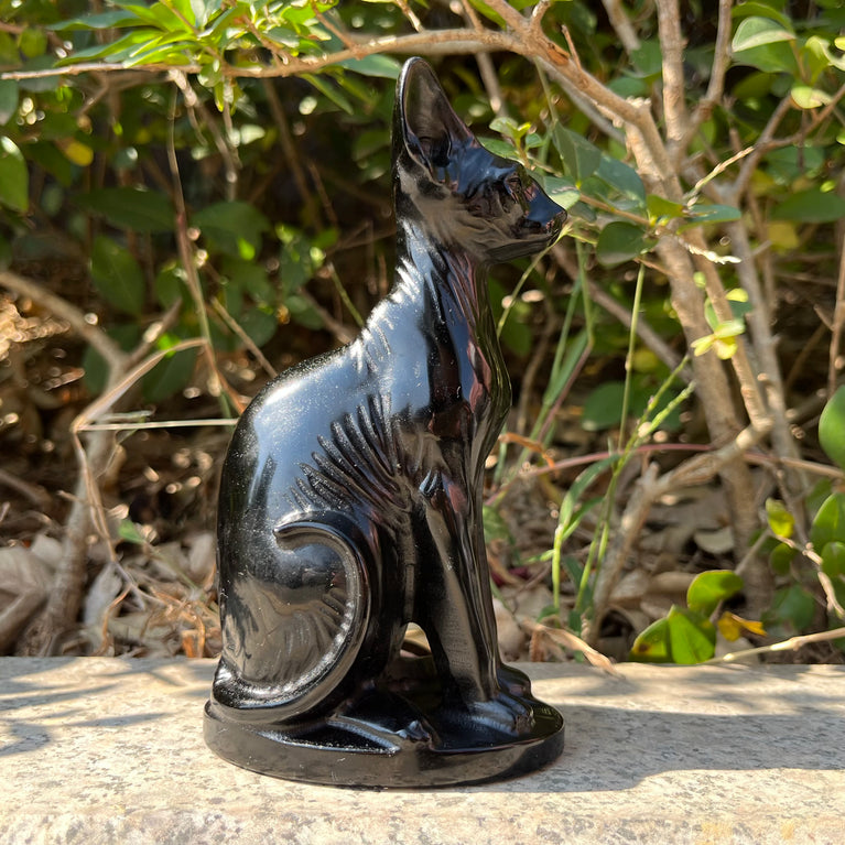 15CM Black Obsidian Egyptian Cat Sphynx Cat Carving Natural Crystal Healing Stone Home Decoration