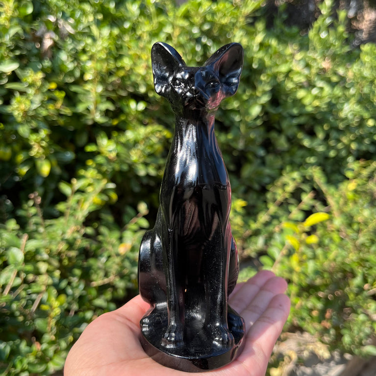 15CM Black Obsidian Egyptian Cat Sphynx Cat Carving Natural Crystal Healing Stone Home Decoration