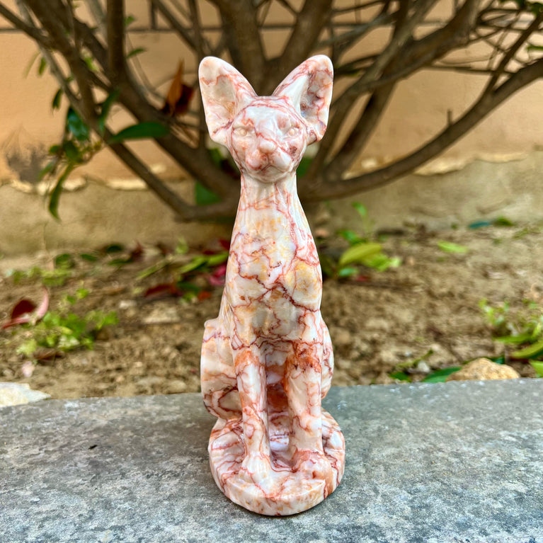 15CM Red Vein Japer Egyptian Cat Sphynx Cat Carving Natural Crystal Healing Stone Home Decoration