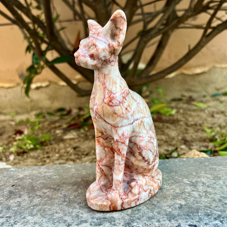 15CM Red Vein Japer Egyptian Cat Sphynx Cat Carving Natural Crystal Healing Stone Home Decoration