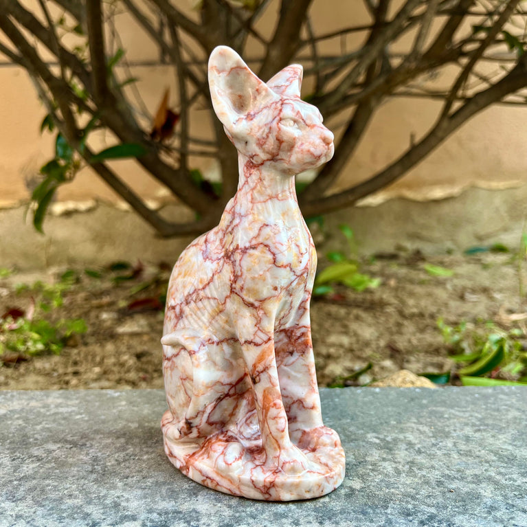 15CM Red Vein Japer Egyptian Cat Sphynx Cat Carving Natural Crystal Healing Stone Home Decoration