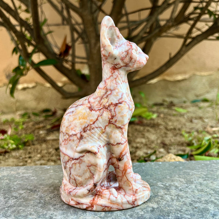 15CM Red Vein Japer Egyptian Cat Sphynx Cat Carving Natural Crystal Healing Stone Home Decoration