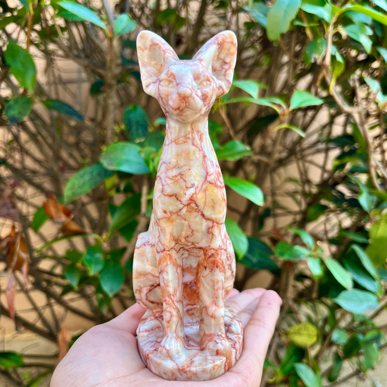 15CM Red Vein Japer Egyptian Cat Sphynx Cat Carving Natural Crystal Healing Stone Home Decoration