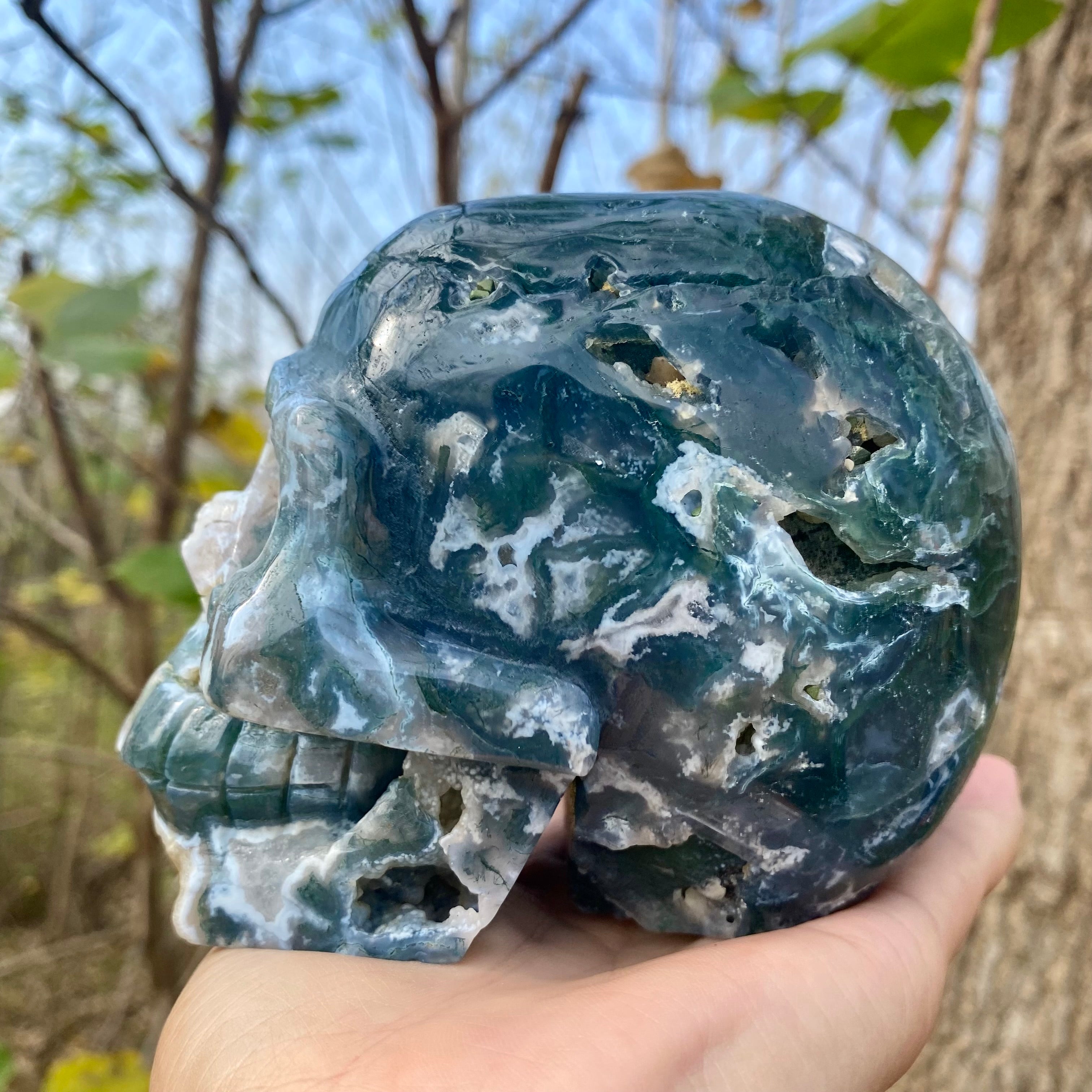 Natural Moss Agate Skull Skeleton Carving