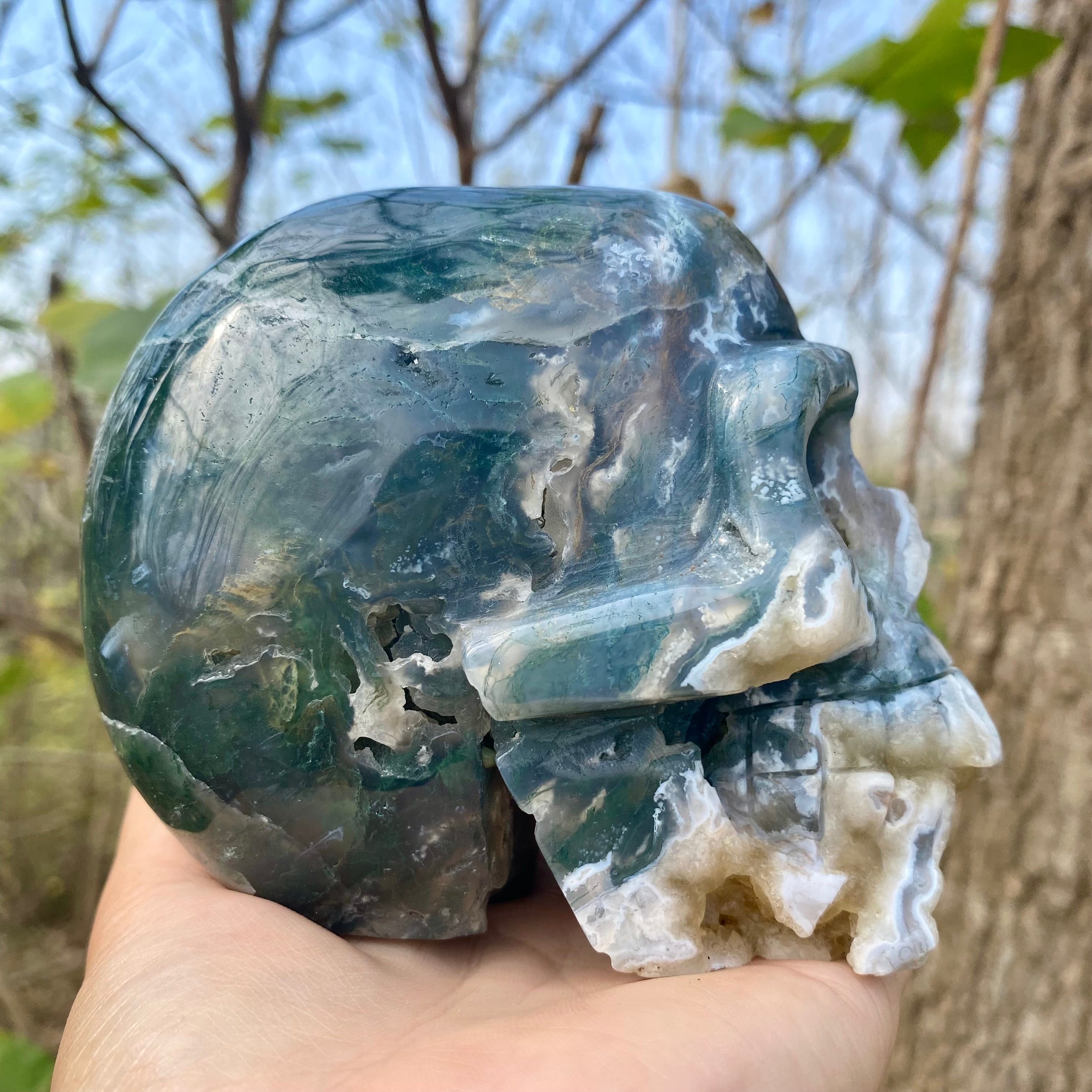 Natural Moss Agate Skull Skeleton Carving