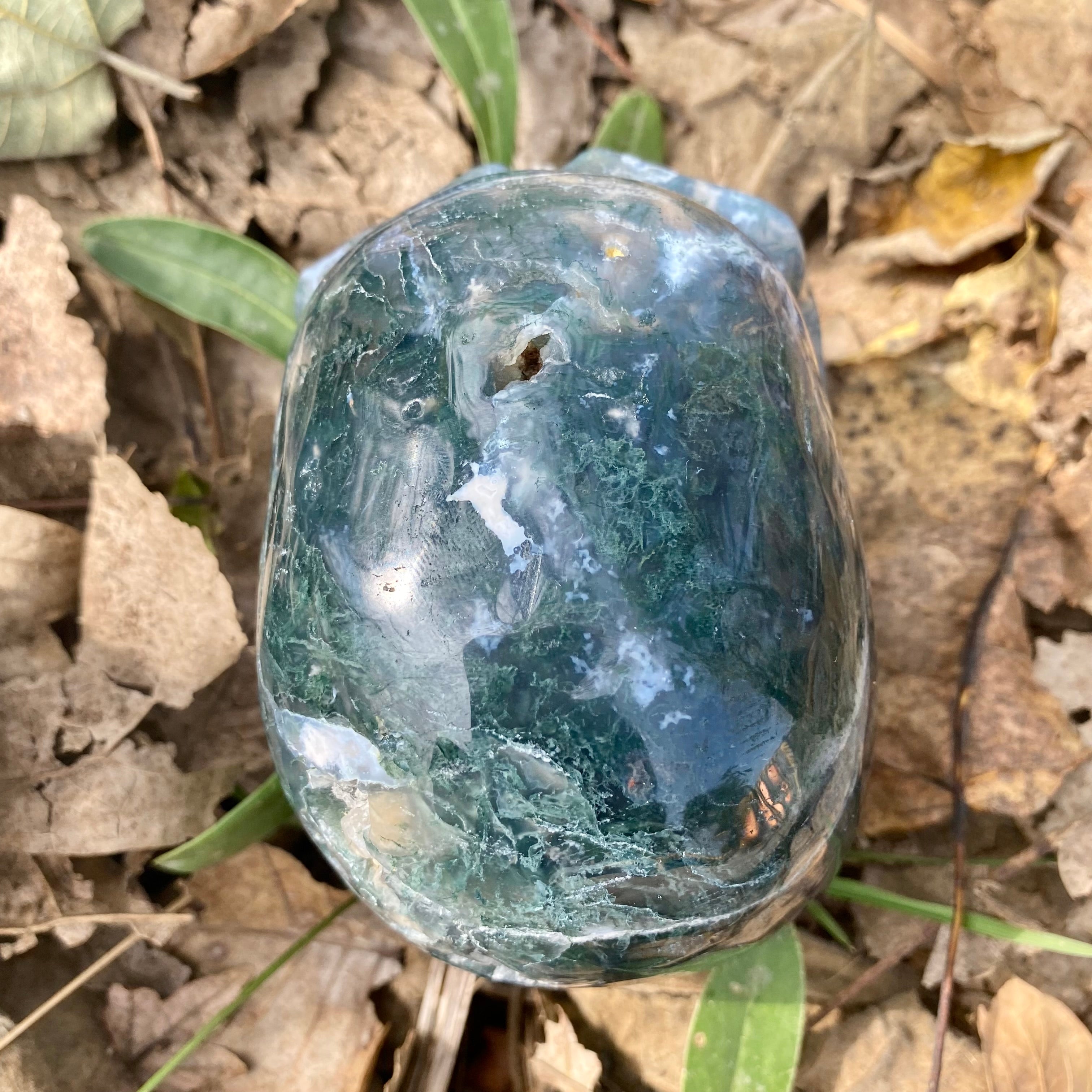 Natural Moss Agate Skull Skeleton Carving