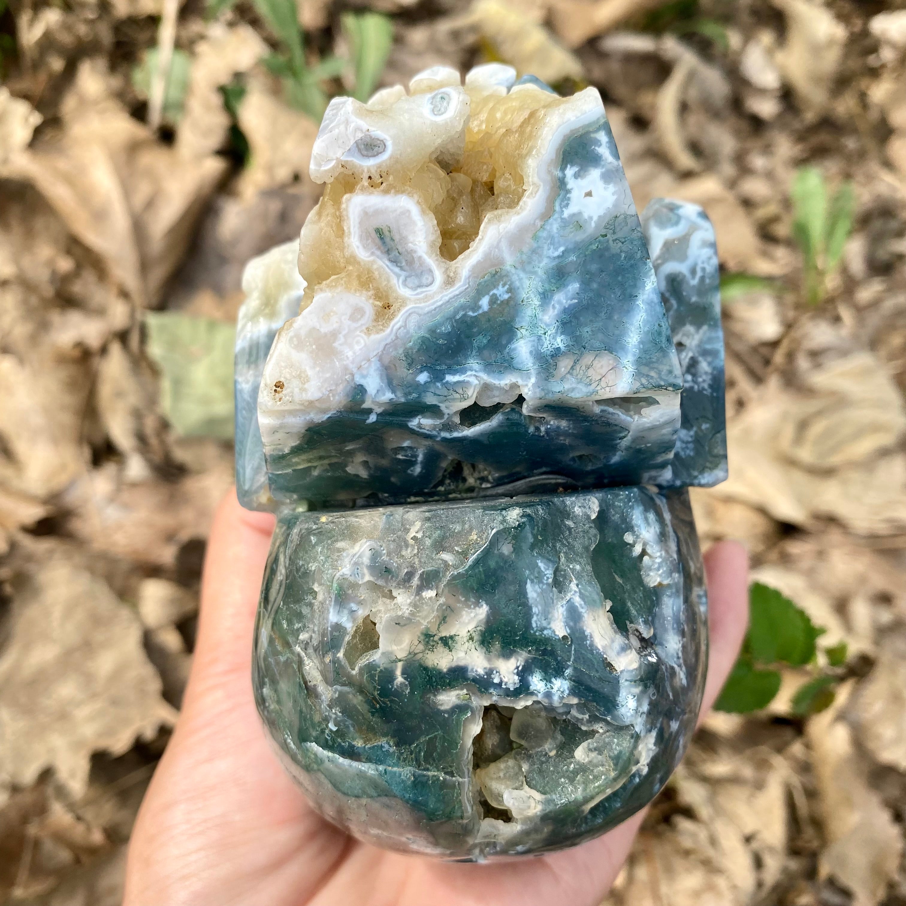 Natural Moss Agate Skull Skeleton Carving