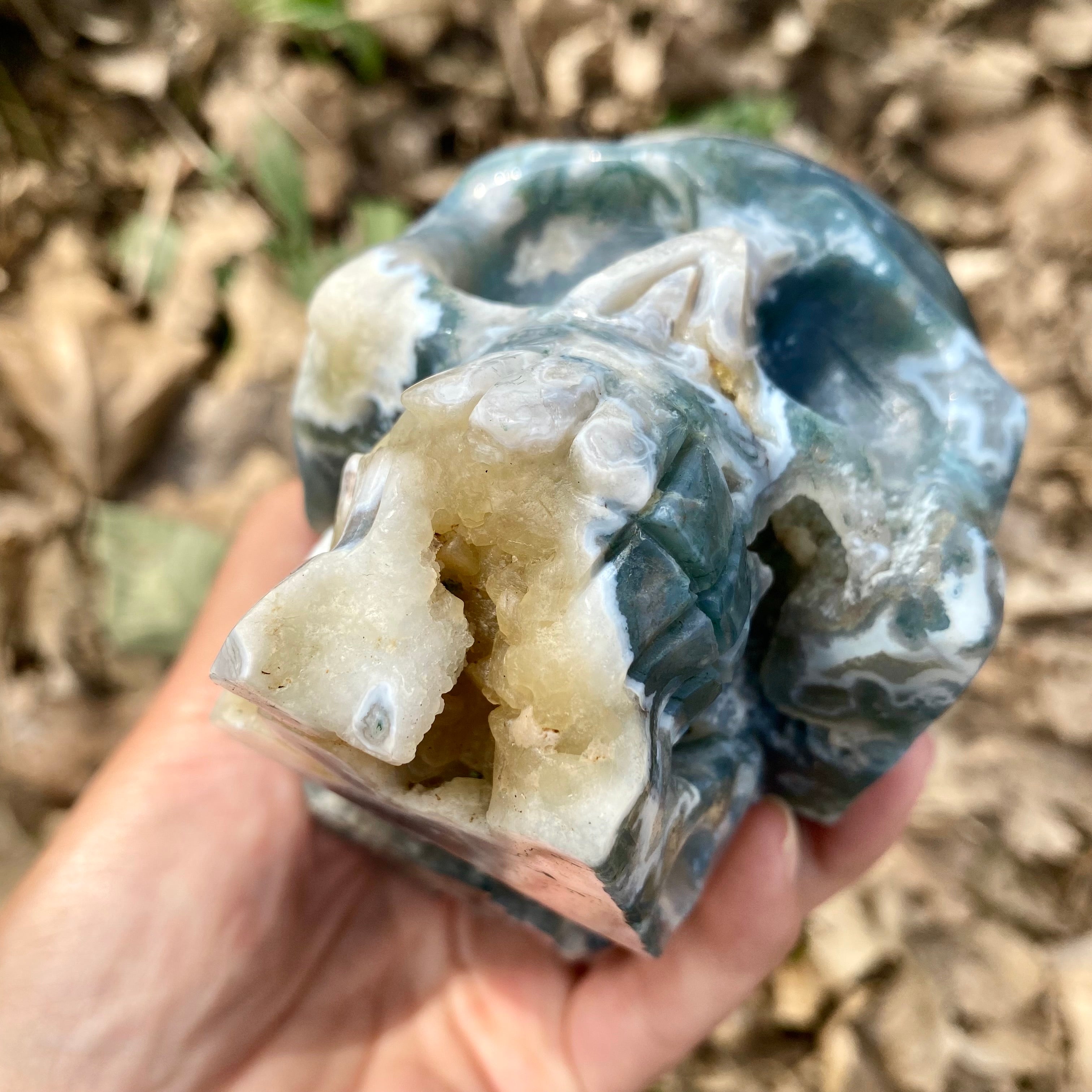Natural Moss Agate Skull Skeleton Carving