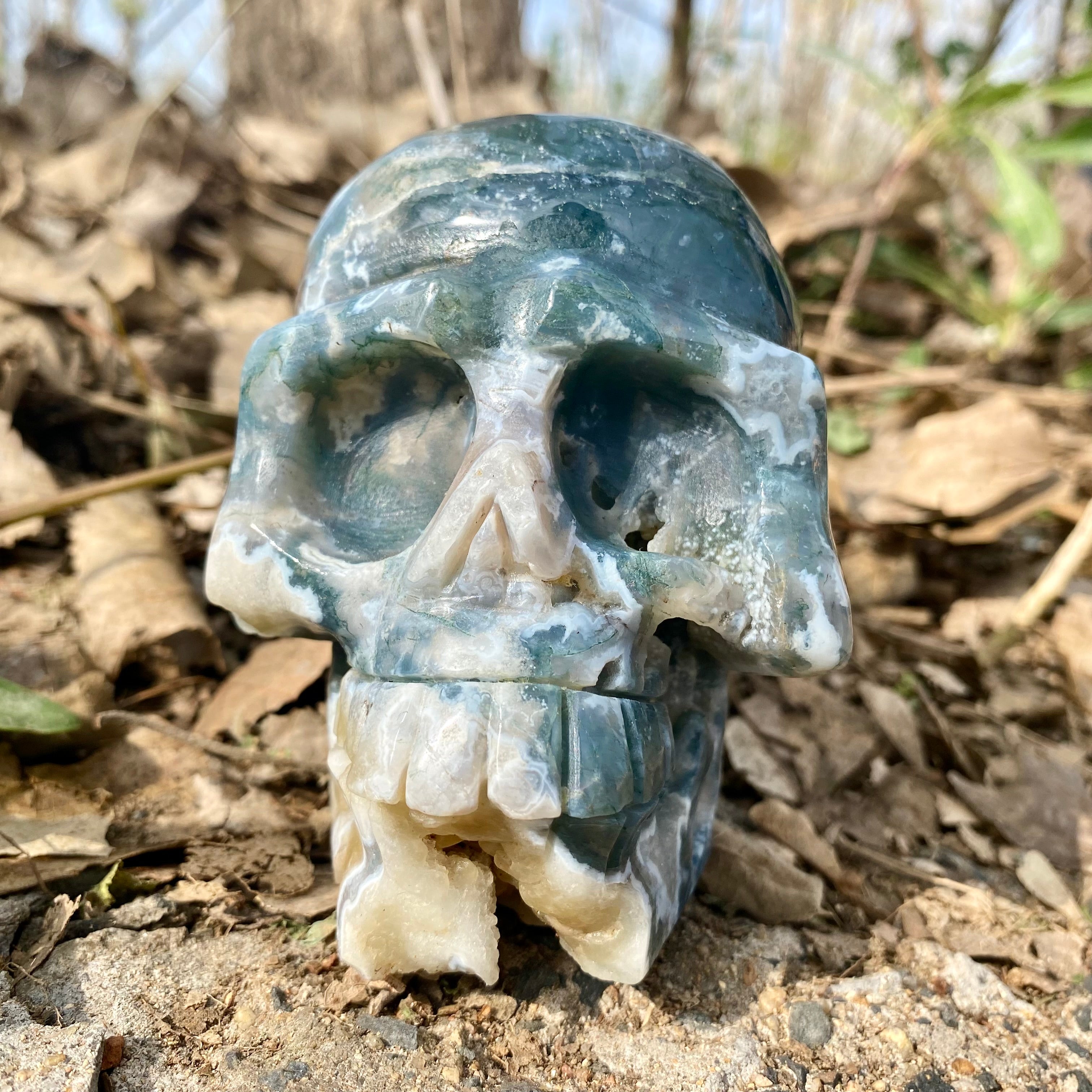 Natural Moss Agate Skull Skeleton Carving