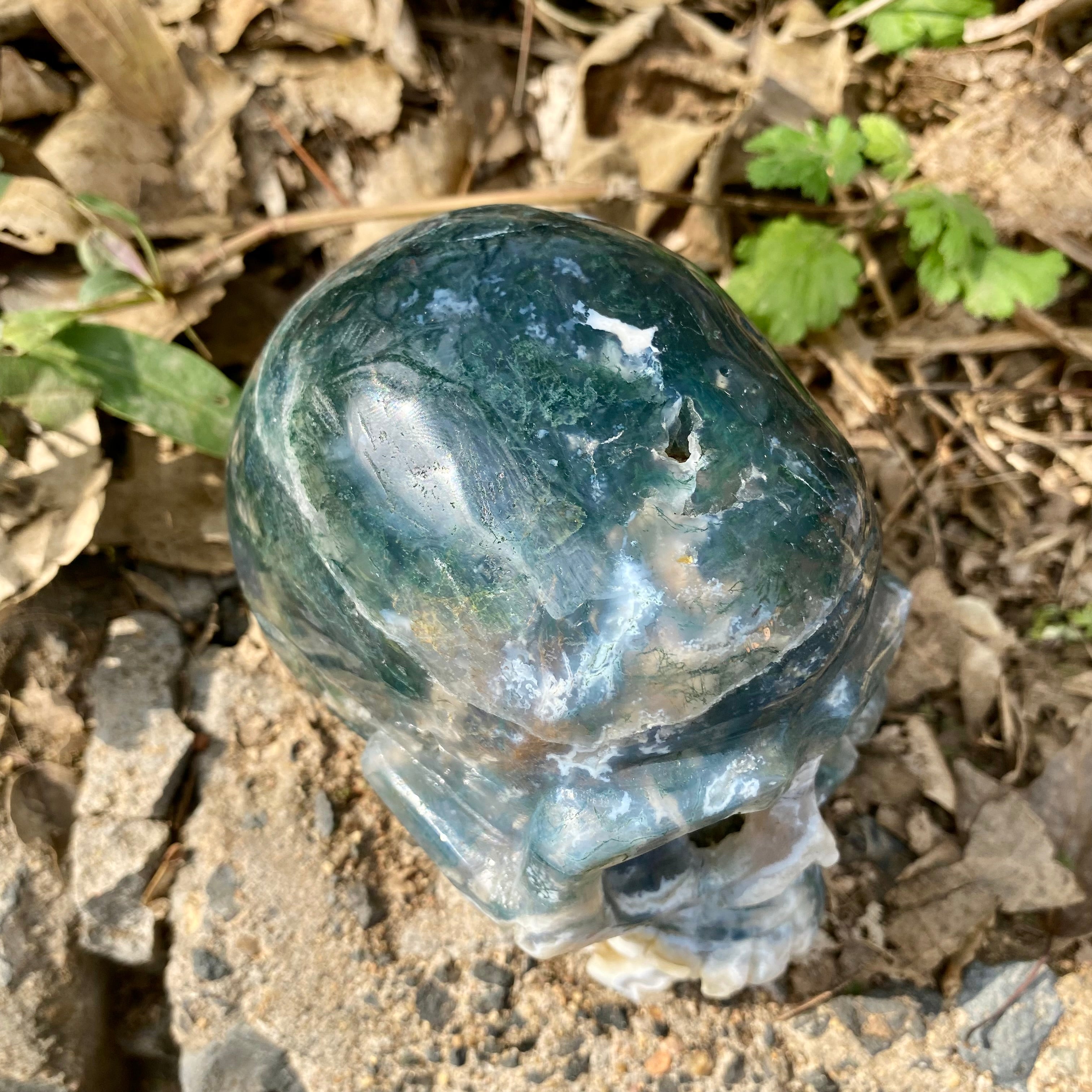 Natural Moss Agate Skull Skeleton Carving