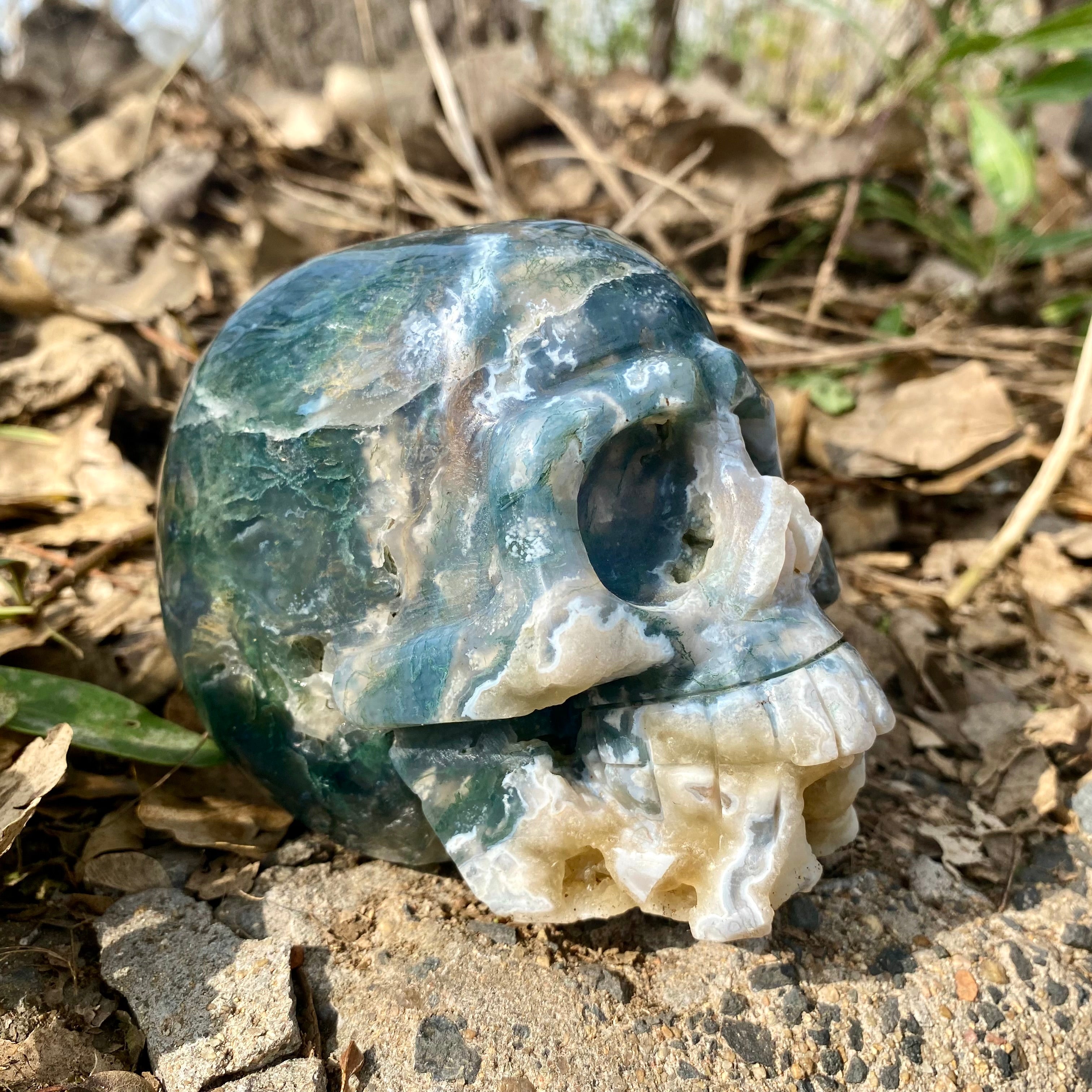Natural Moss Agate Skull Skeleton Carving