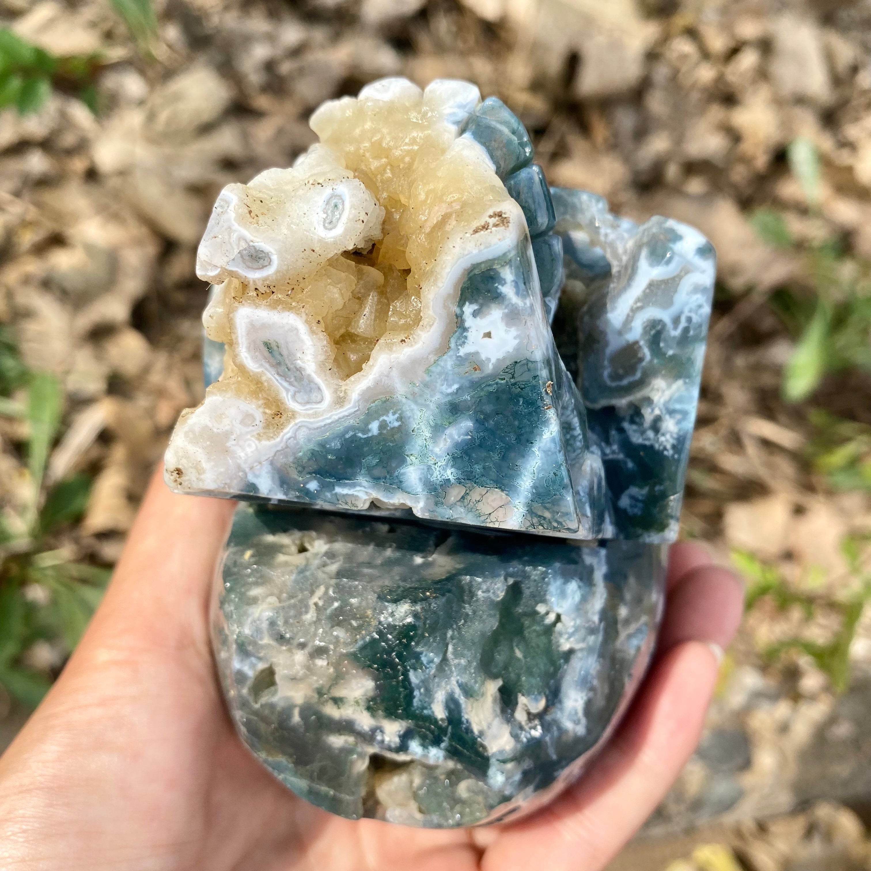 Natural Moss Agate Skull Skeleton Carving