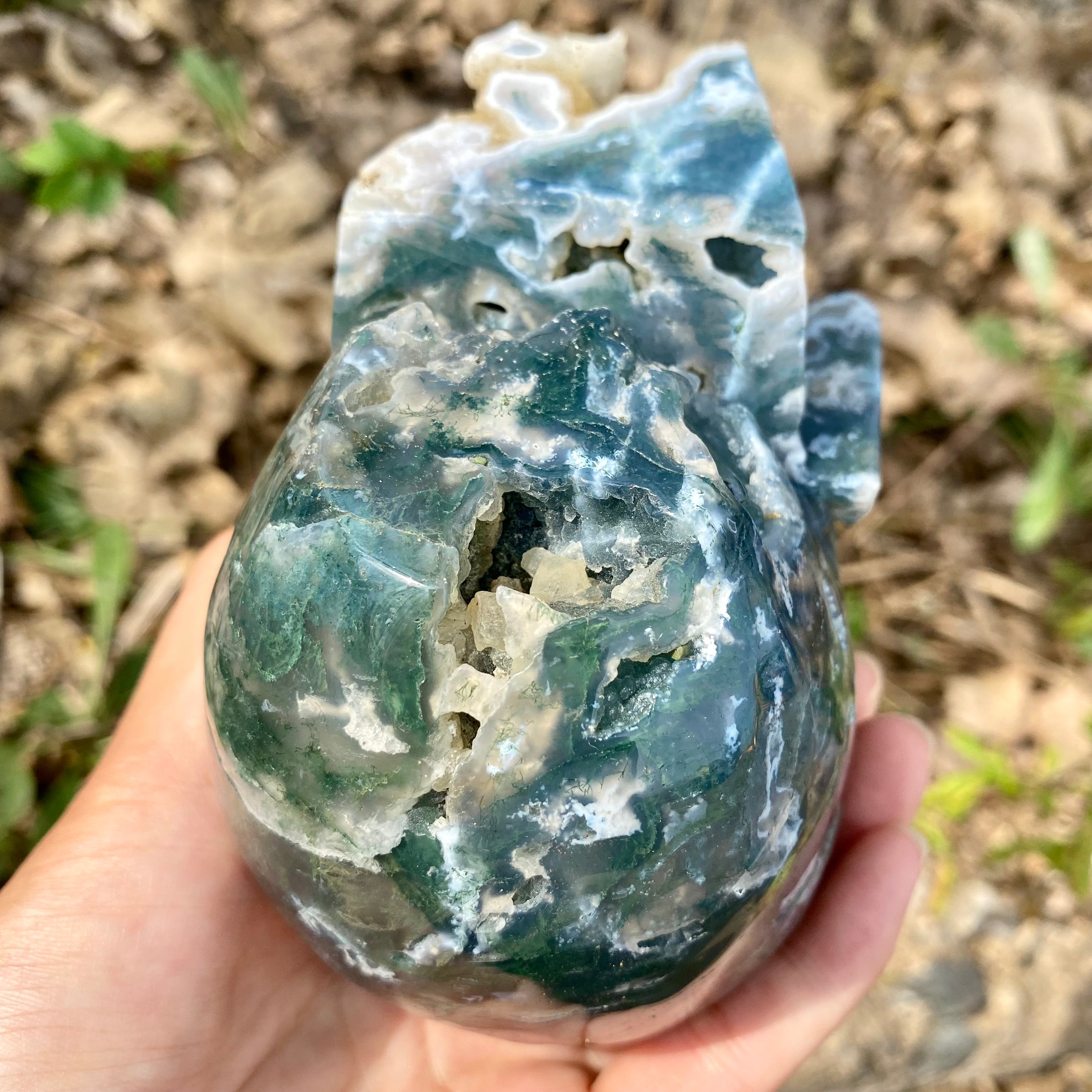 Natural Moss Agate Skull Skeleton Carving