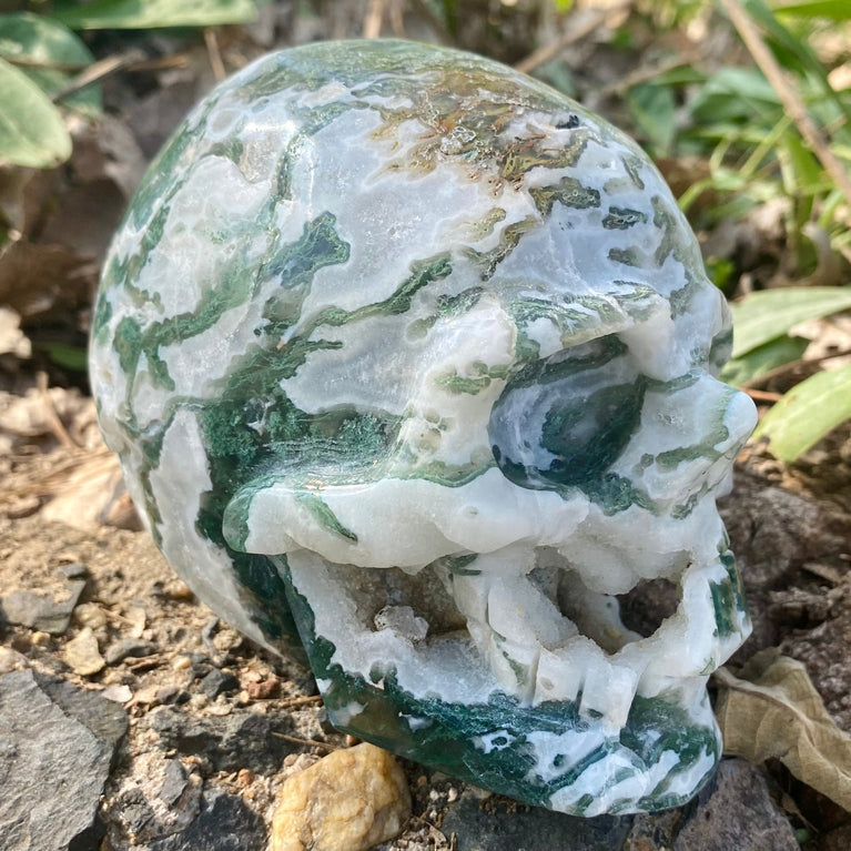 Natural Moss Agate Skull Skeleton Carving Wholesale Natural Crystal Healing Stone Decoration