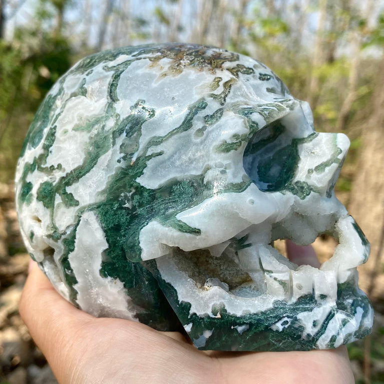 Natural Moss Agate Skull Skeleton Carving Wholesale Natural Crystal Healing Stone Decoration