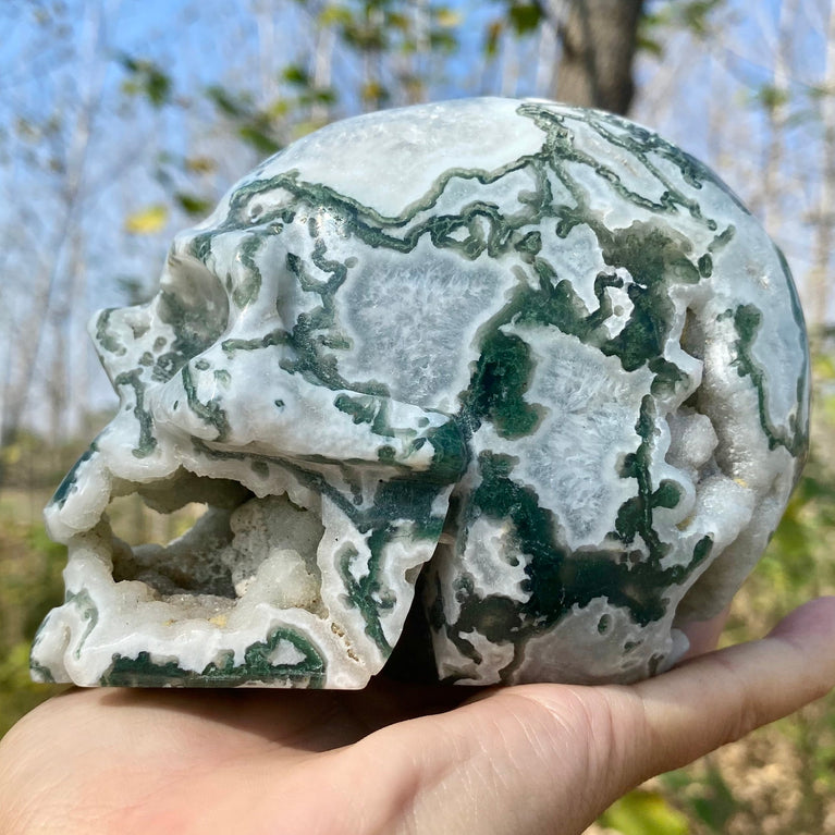 Natural Moss Agate Skull Skeleton Carving Wholesale Natural Crystal Healing Stone Decoration