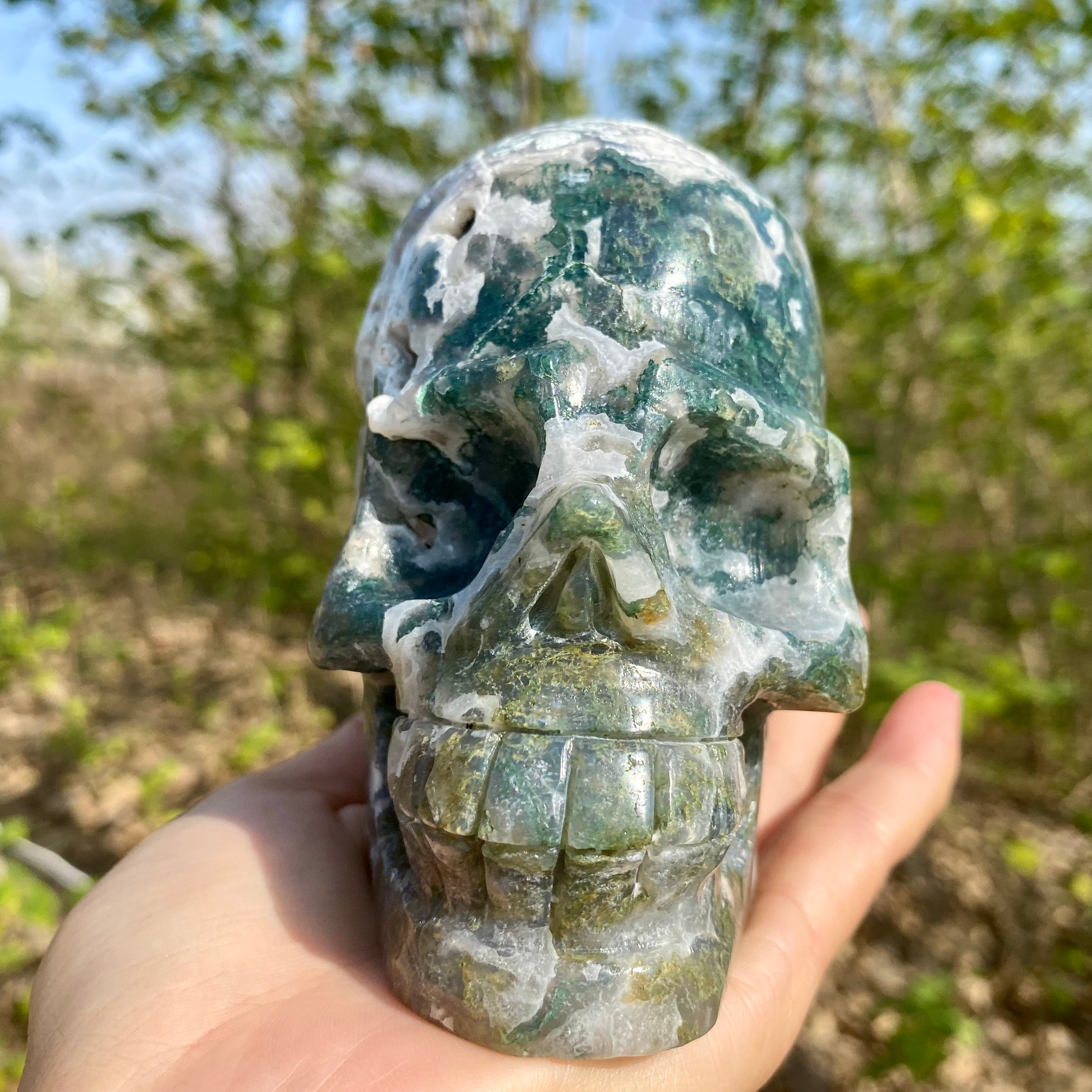 Natural Moss Agate Skull Skeleton Carving