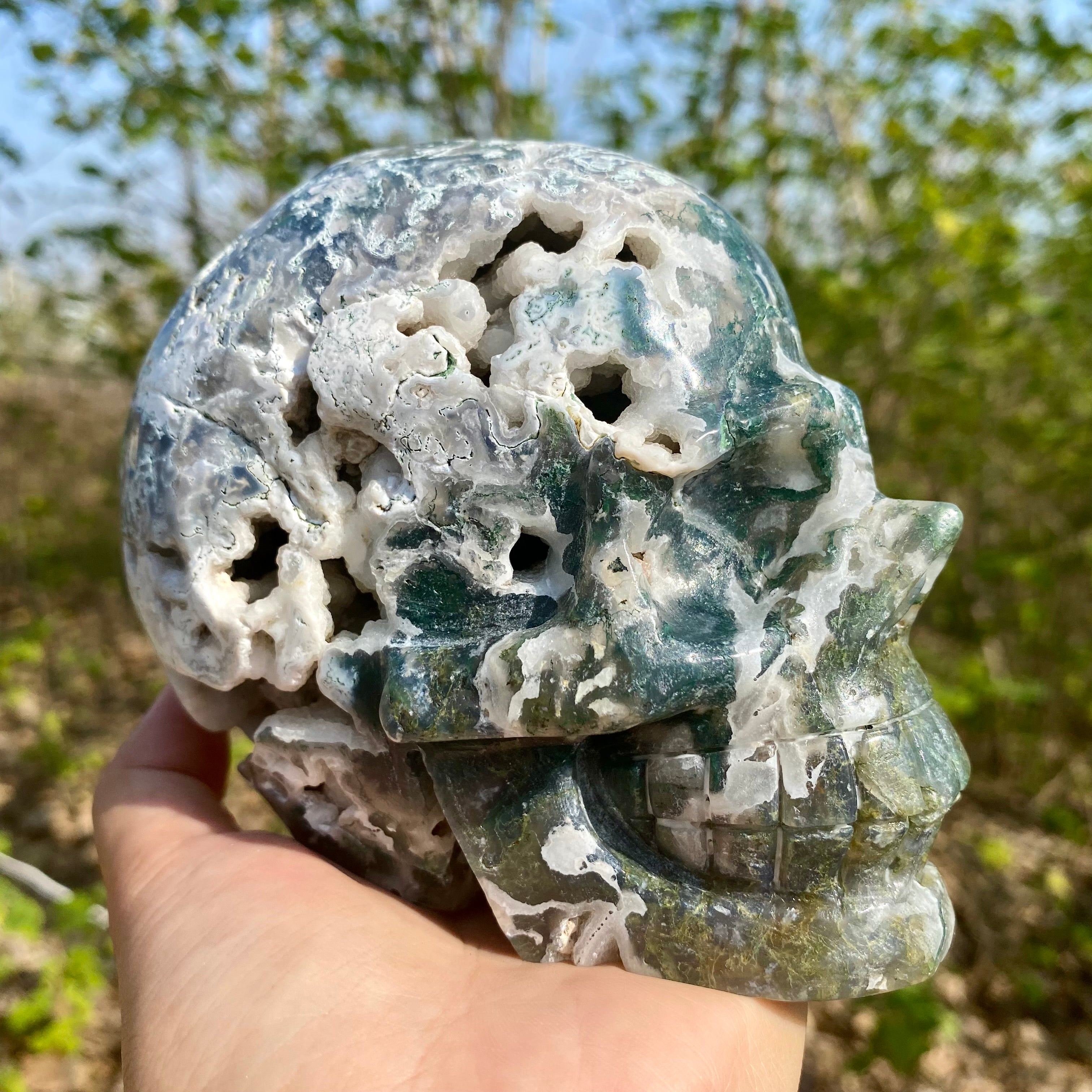 Natural Moss Agate Skull Skeleton Carving
