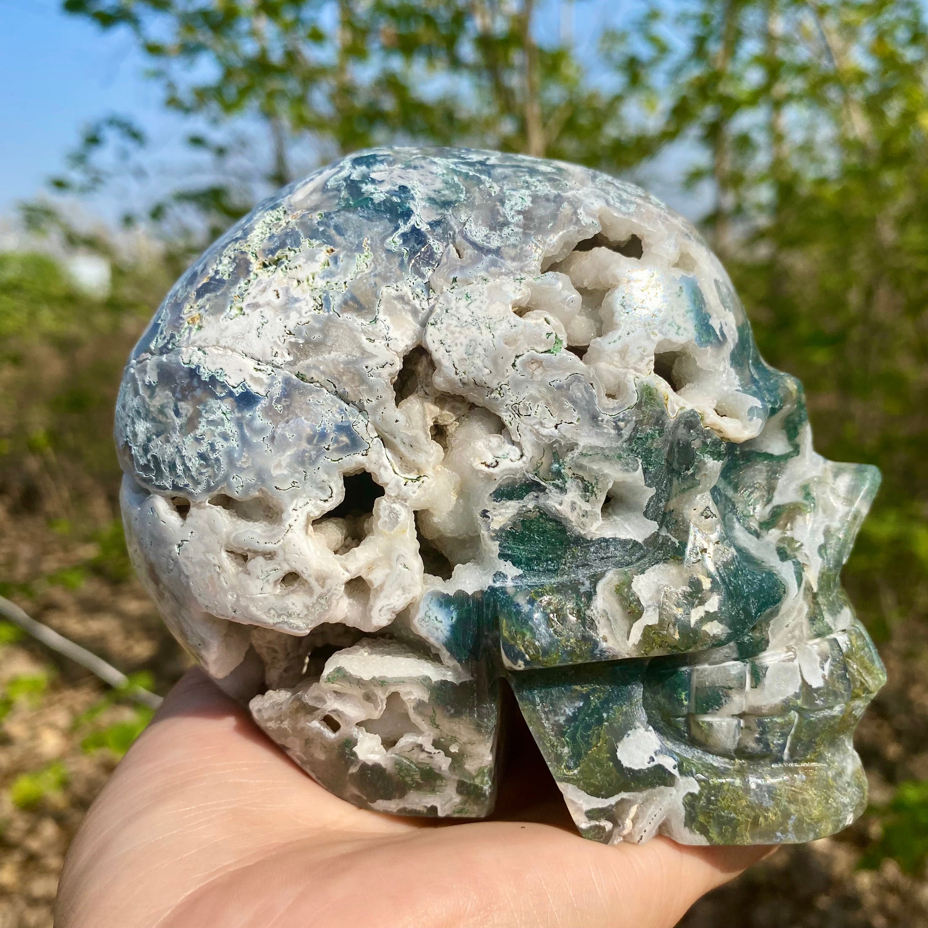 Natural Moss Agate Skull Skeleton Carving