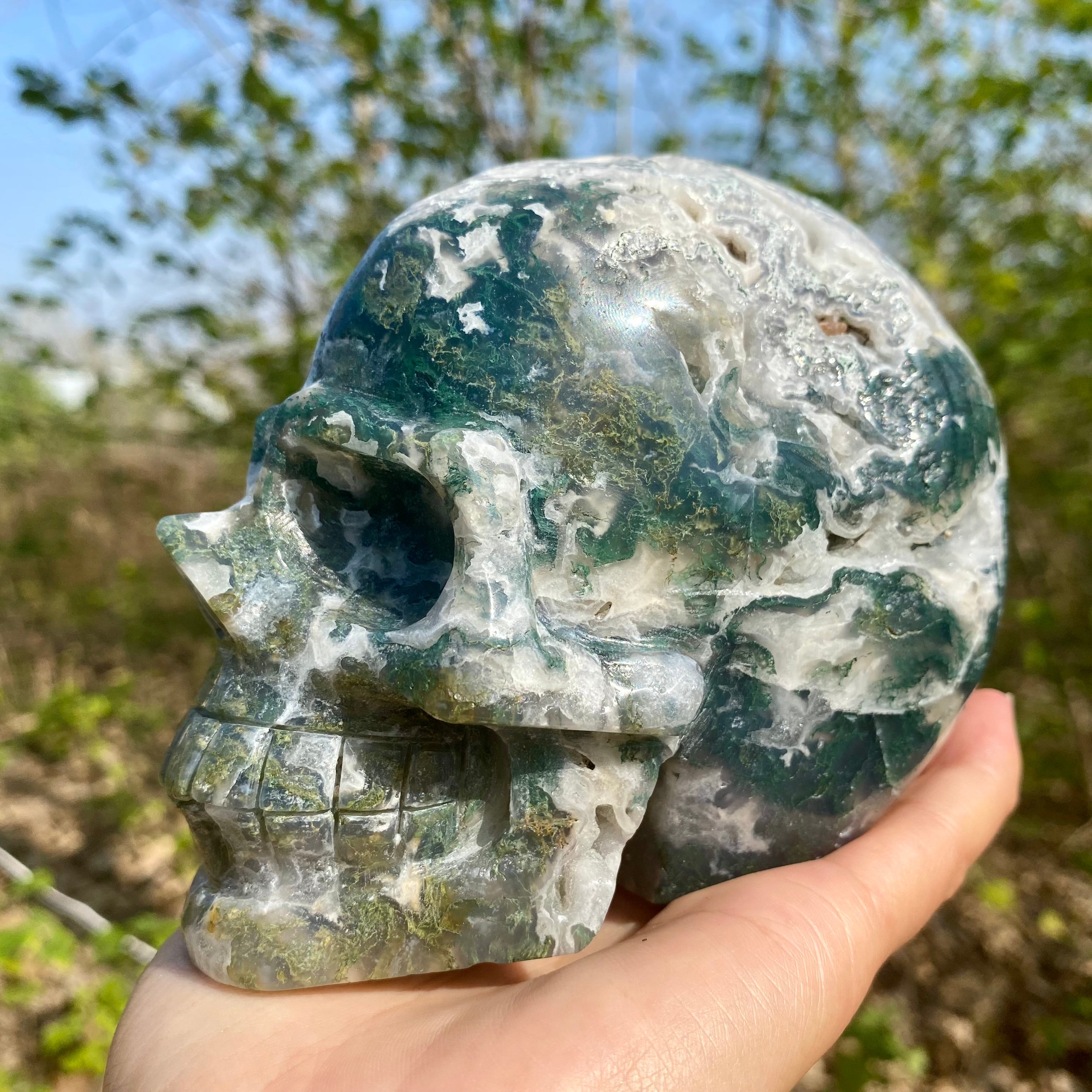 Natural Moss Agate Skull Skeleton Carving