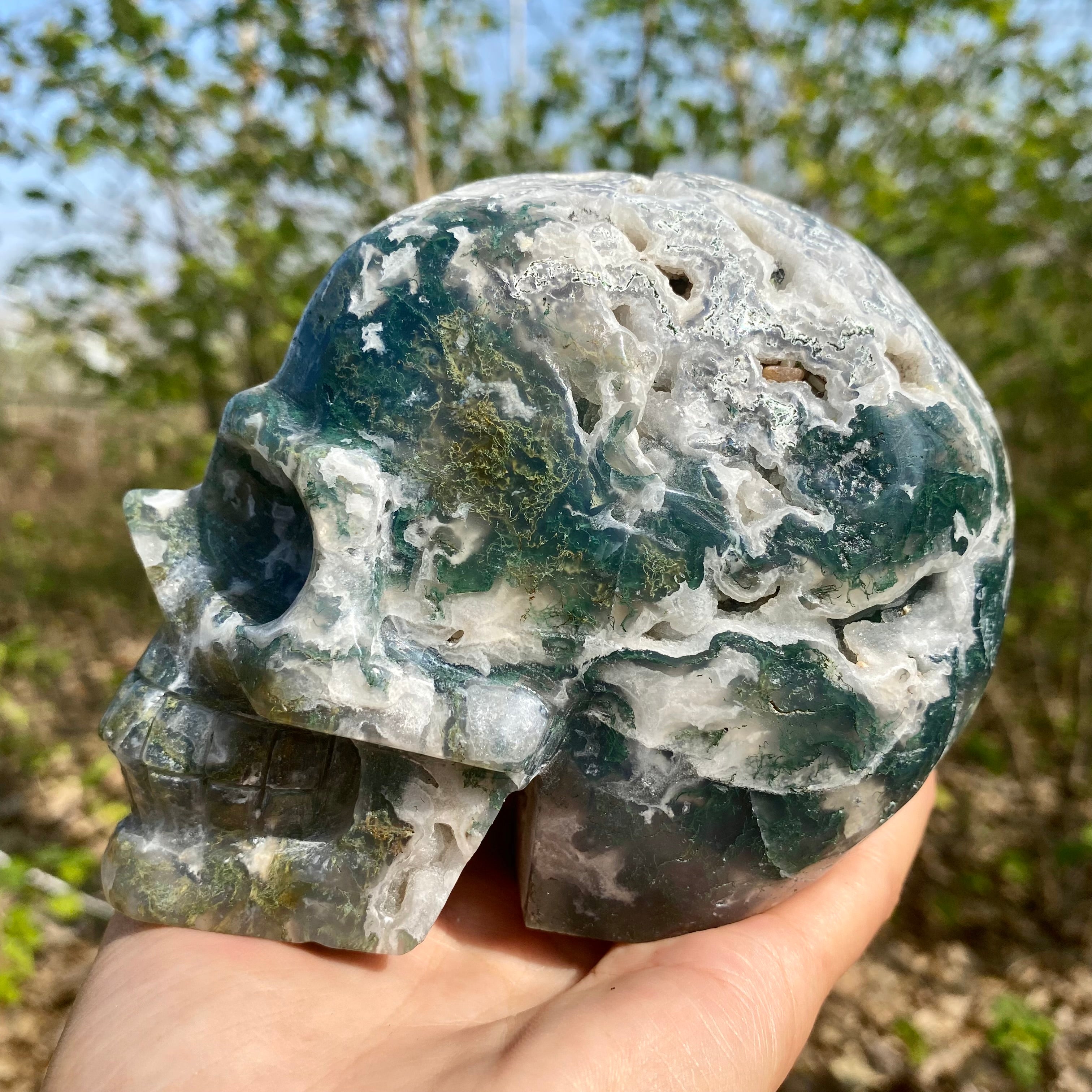 Natural Moss Agate Skull Skeleton Carving