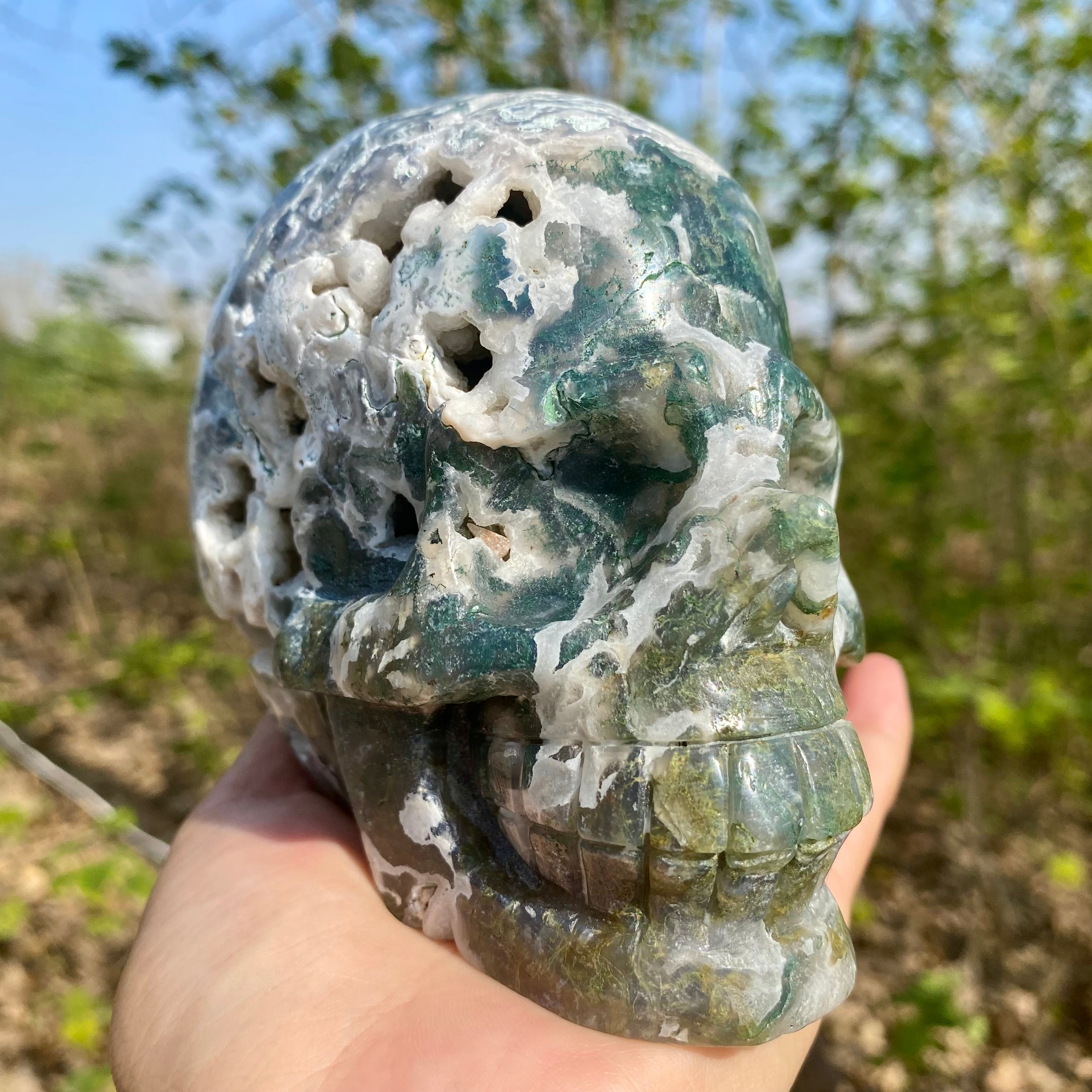 Natural Moss Agate Skull Skeleton Carving