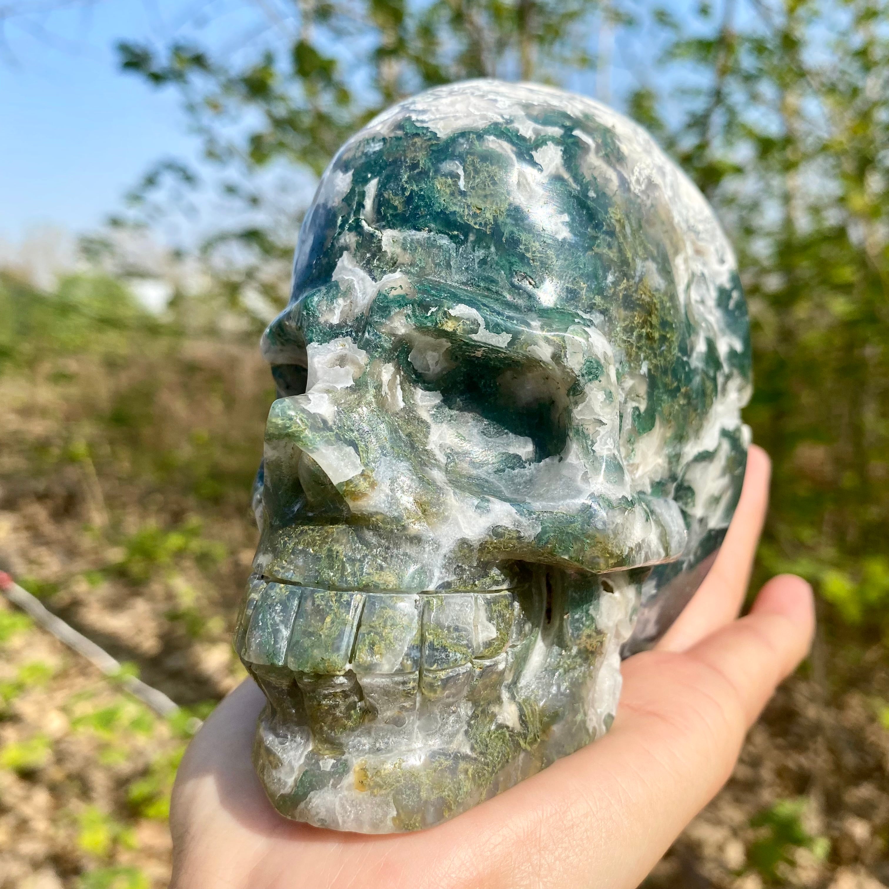 Natural Moss Agate Skull Skeleton Carving