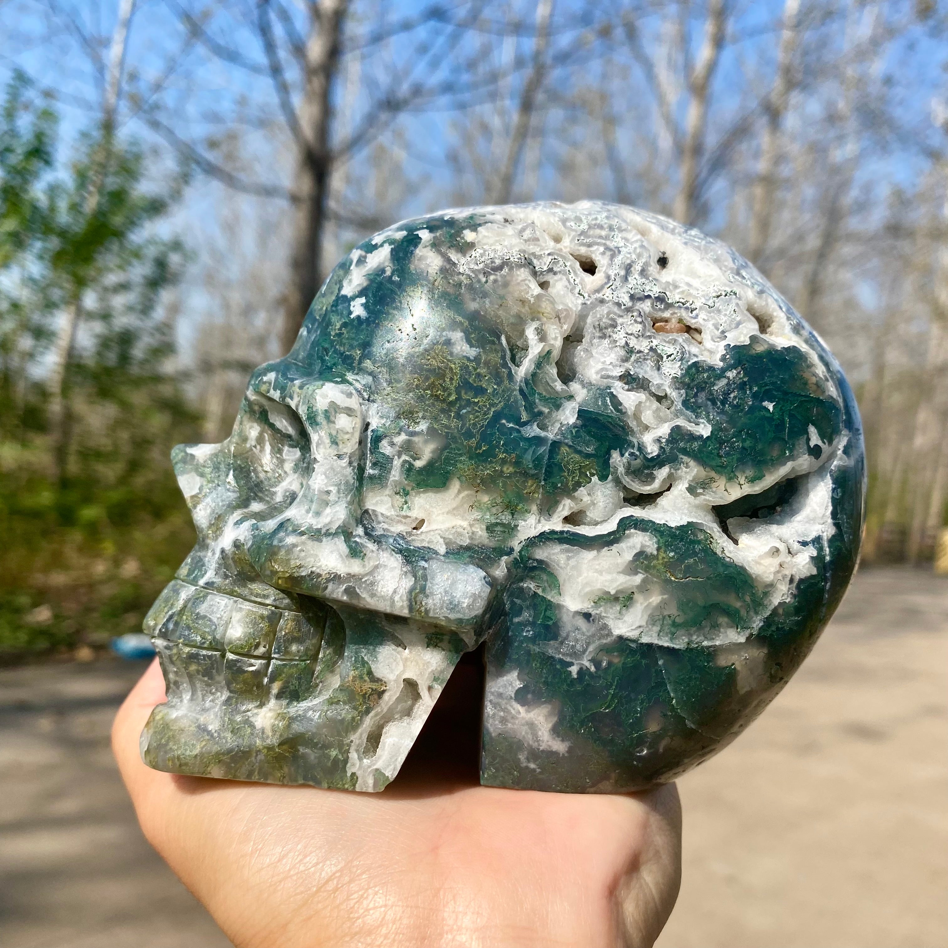 Natural Moss Agate Skull Skeleton Carving