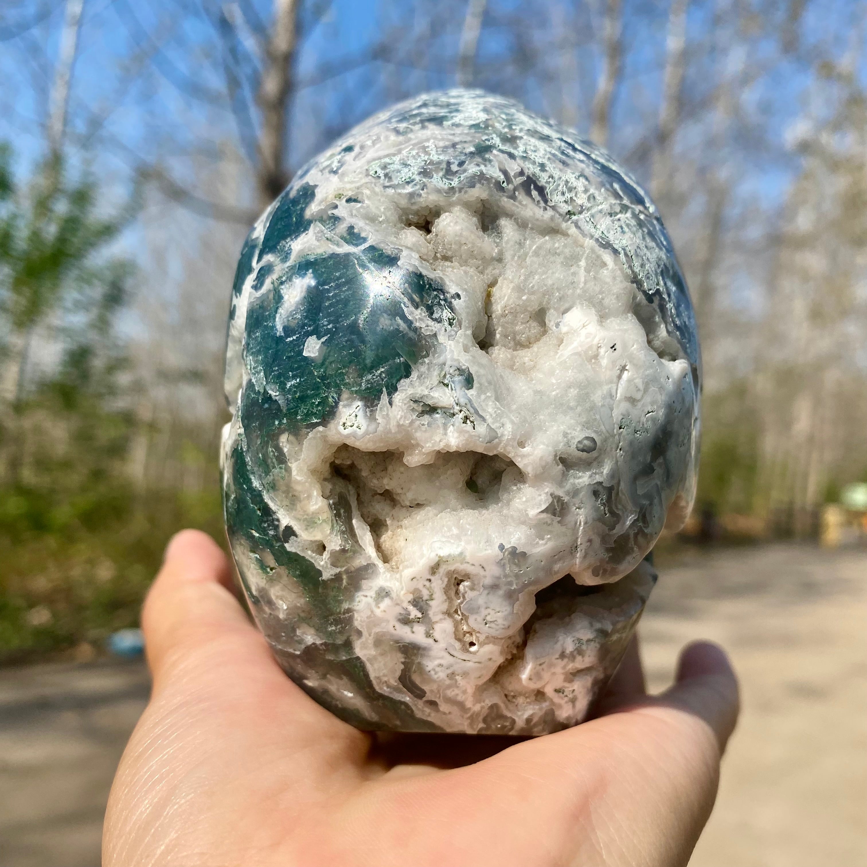 Natural Moss Agate Skull Skeleton Carving