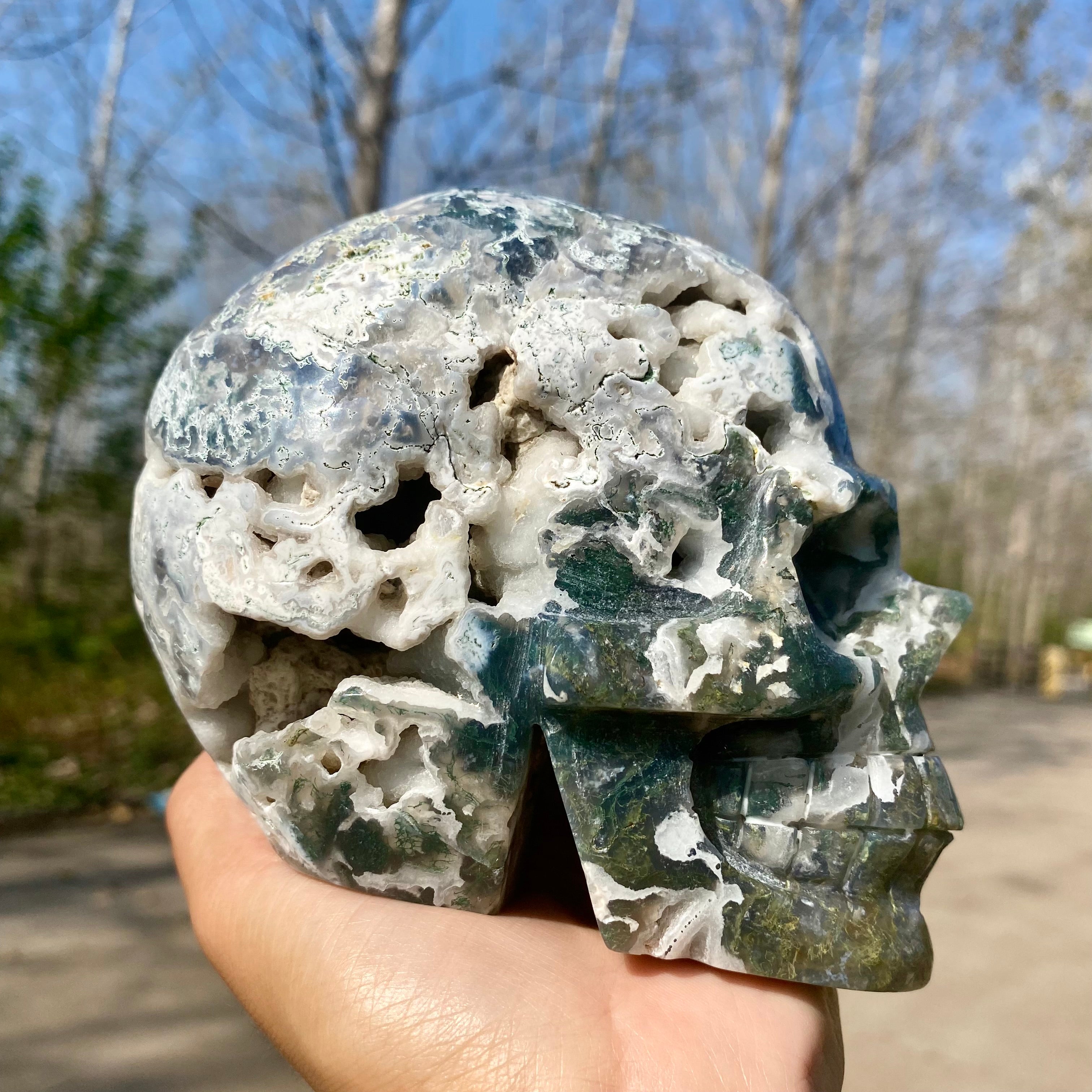 Natural Moss Agate Skull Skeleton Carving