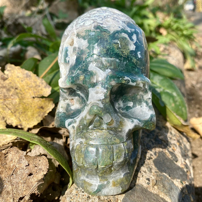 Natural Moss Agate Skull Skeleton Carving Wholesale Natural Crystal Healing Stone Decoration