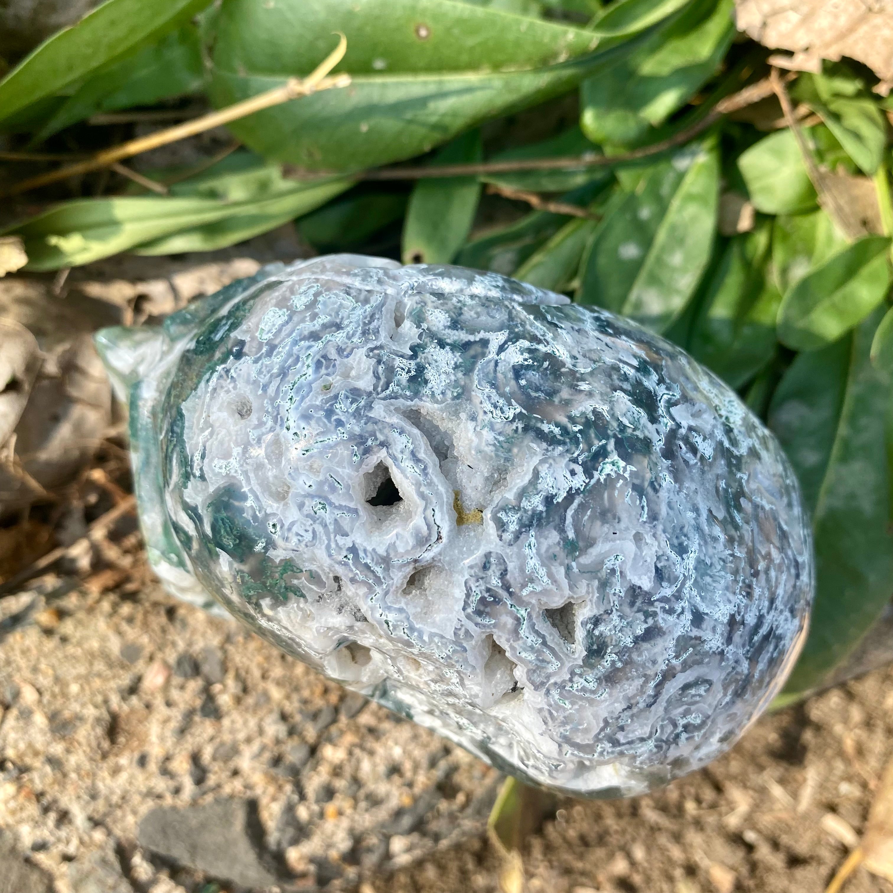 Natural Moss Agate Skull Skeleton Carving