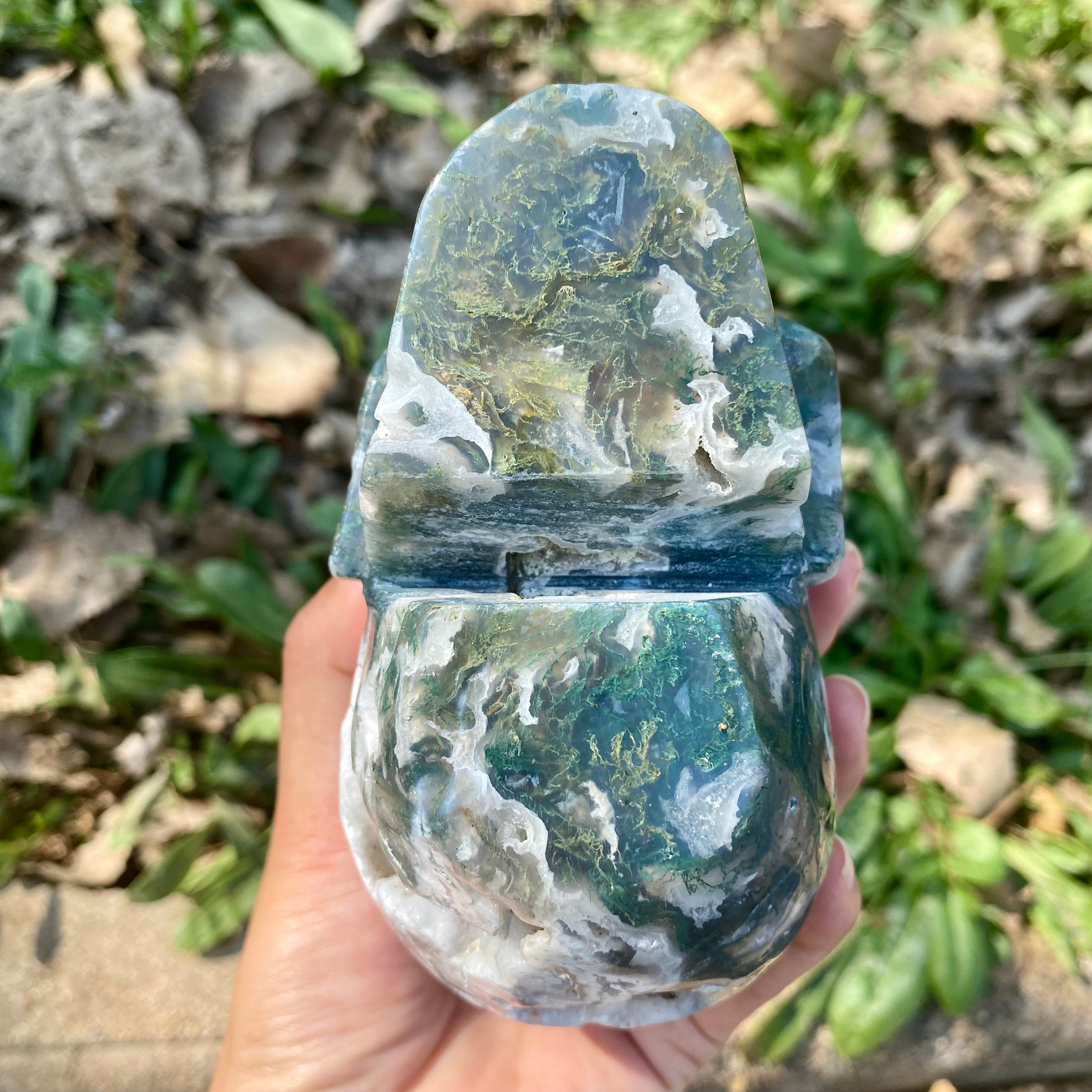 Natural Moss Agate Skull Skeleton Carving