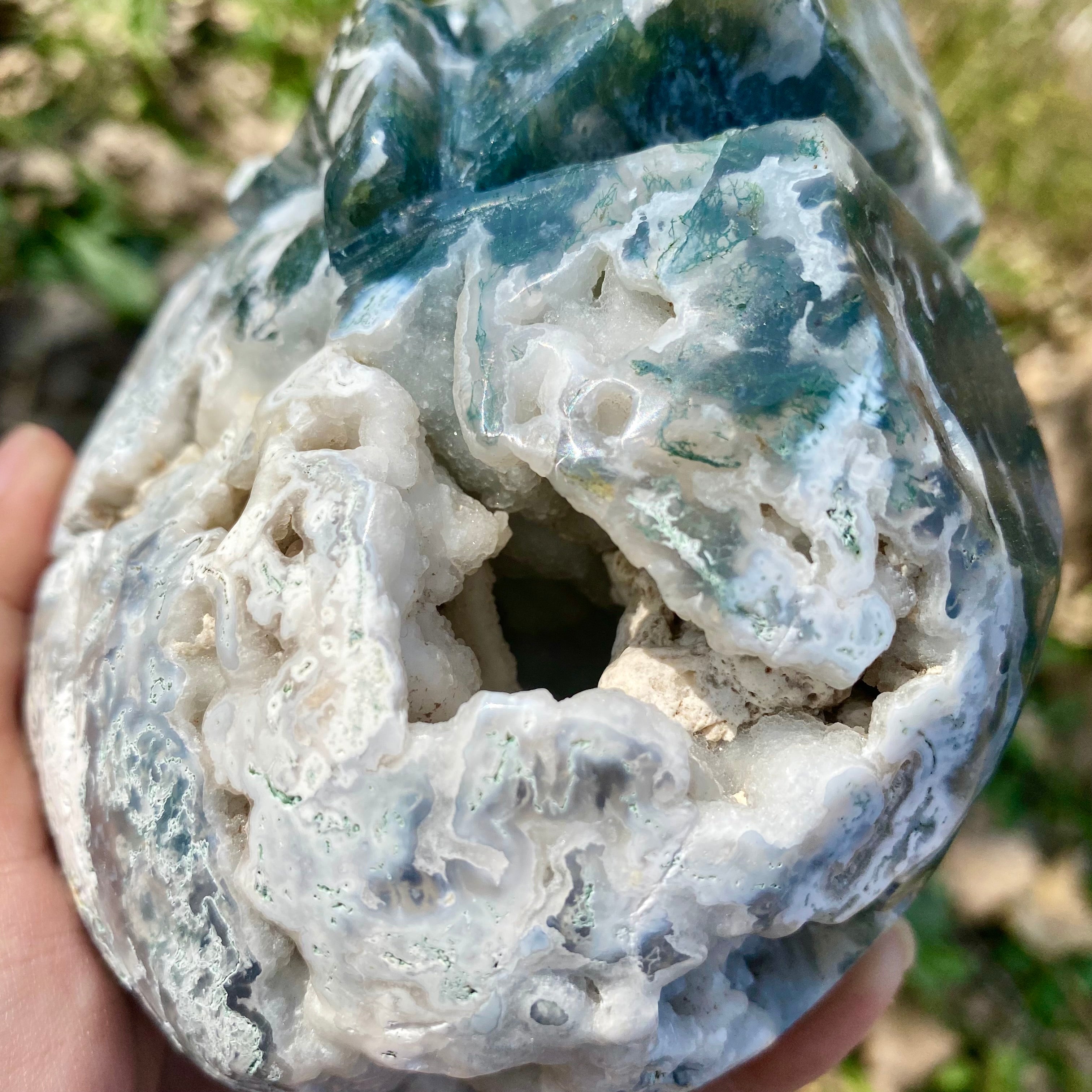 Natural Moss Agate Skull Skeleton Carving