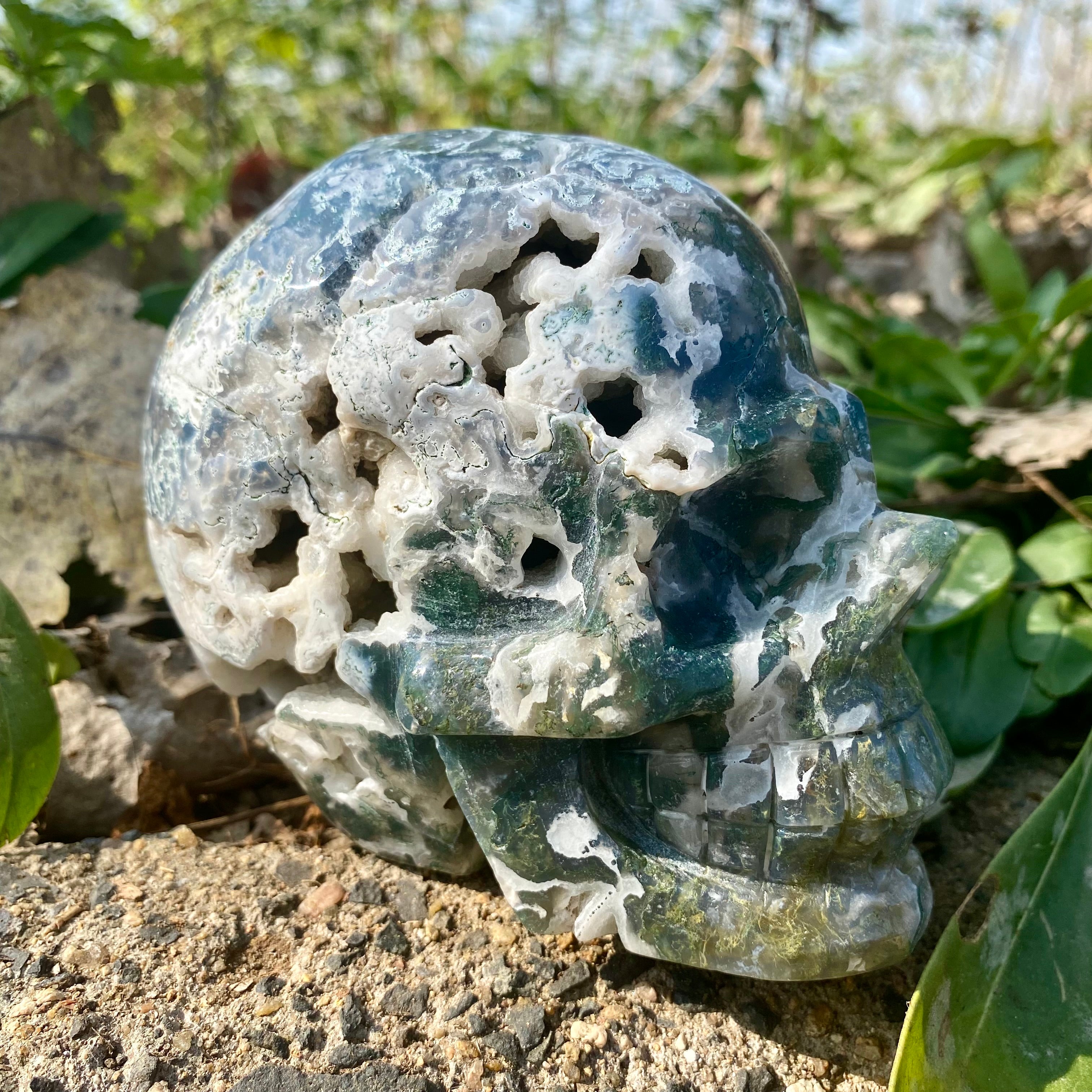 Natural Moss Agate Skull Skeleton Carving