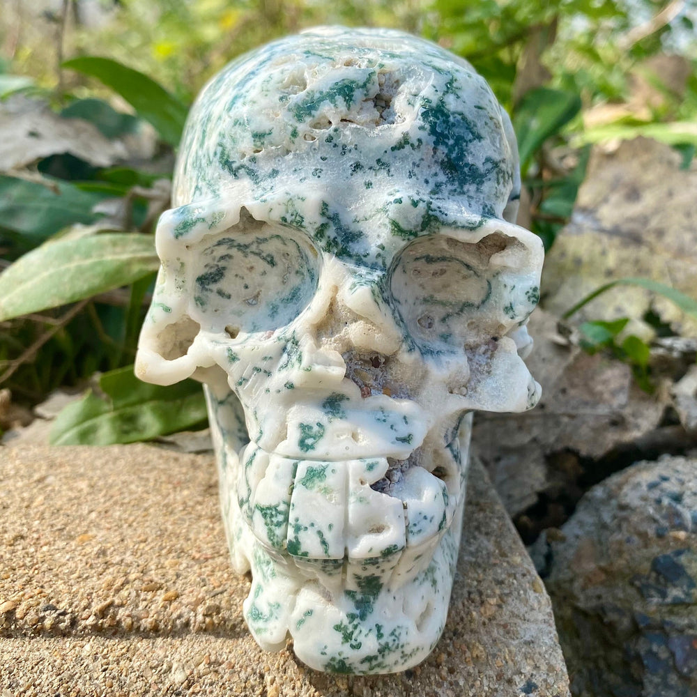 Natural Moss Agate Skull Skeleton Carving Wholesale Natural Crystal Healing Stone Decoration