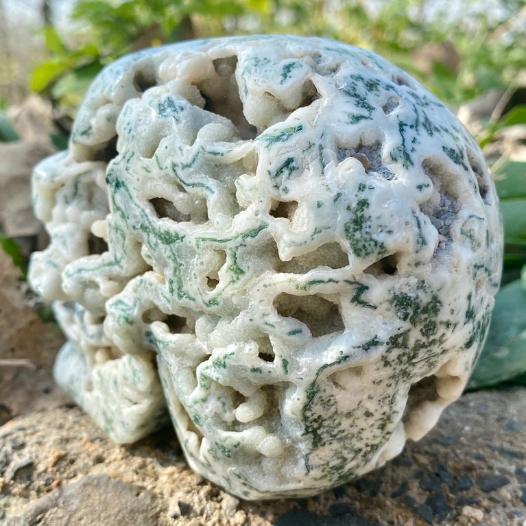 Natural Moss Agate Skull Skeleton Carving Wholesale Natural Crystal Healing Stone Decoration