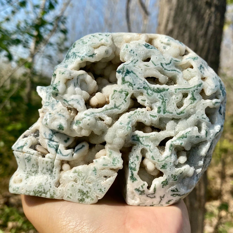 Natural Moss Agate Skull Skeleton Carving Wholesale Natural Crystal Healing Stone Decoration