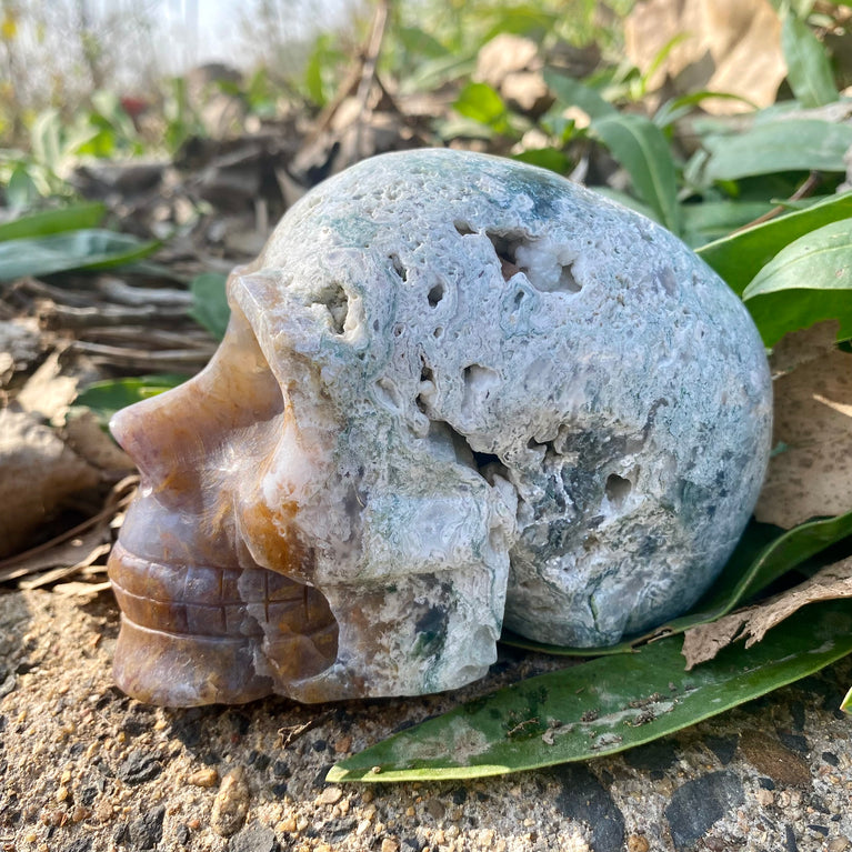 Natural Moss Agate Skull Skeleton Carving Wholesale Natural Crystal Healing Stone Decoration