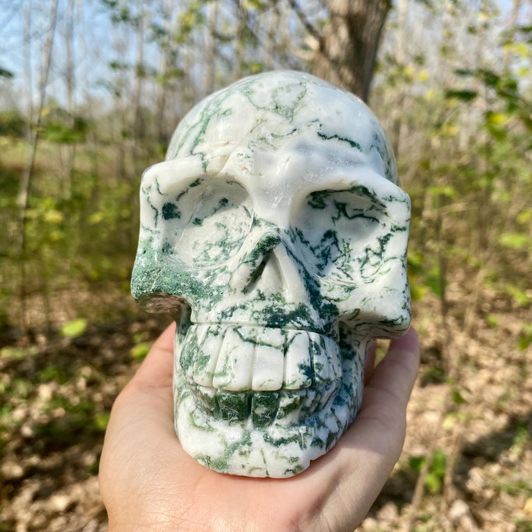 Natural Moss Agate Skull Skeleton Carving Wholesale Natural Crystal Healing Stone Decoration