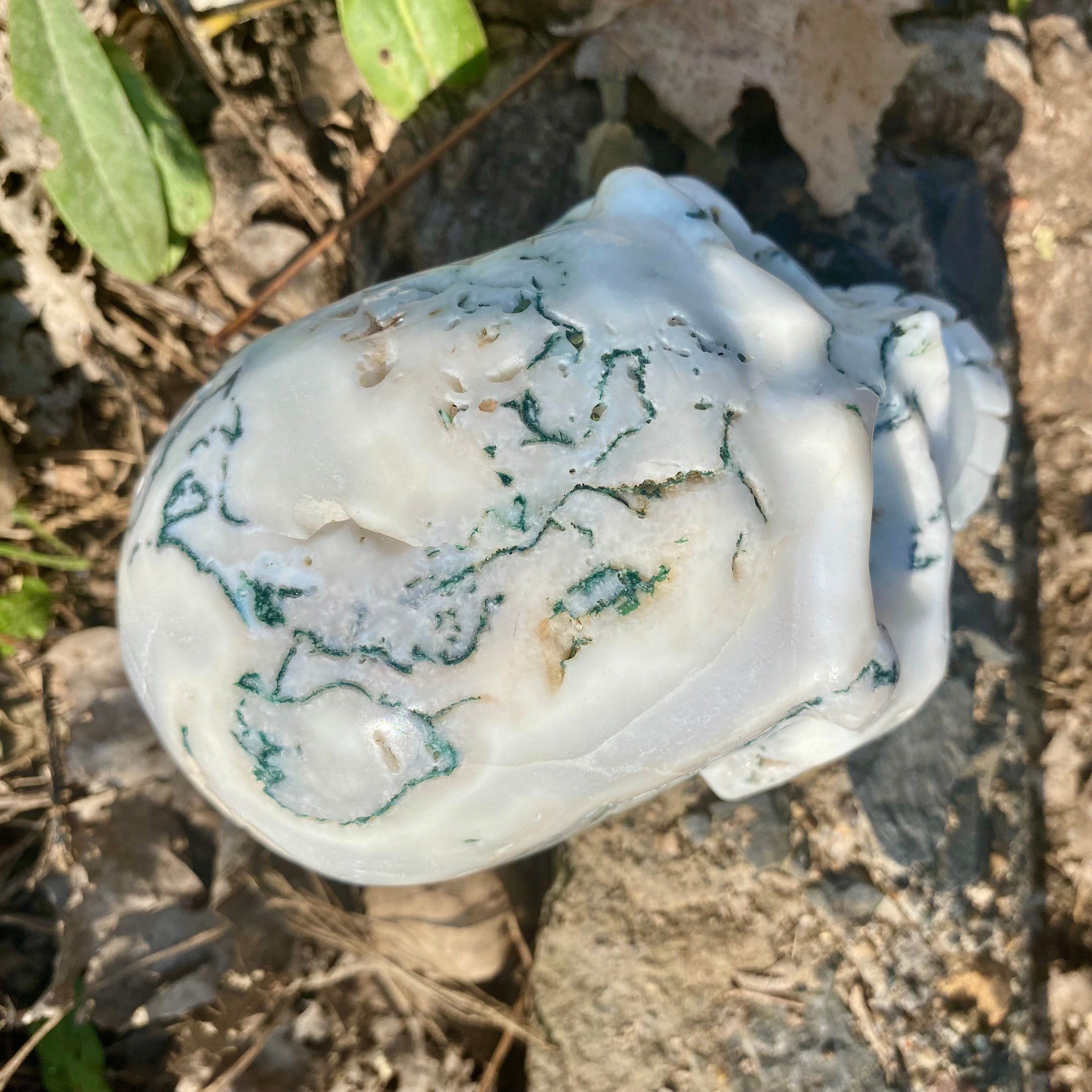 Natural Moss Agate Skull Skeleton Carving