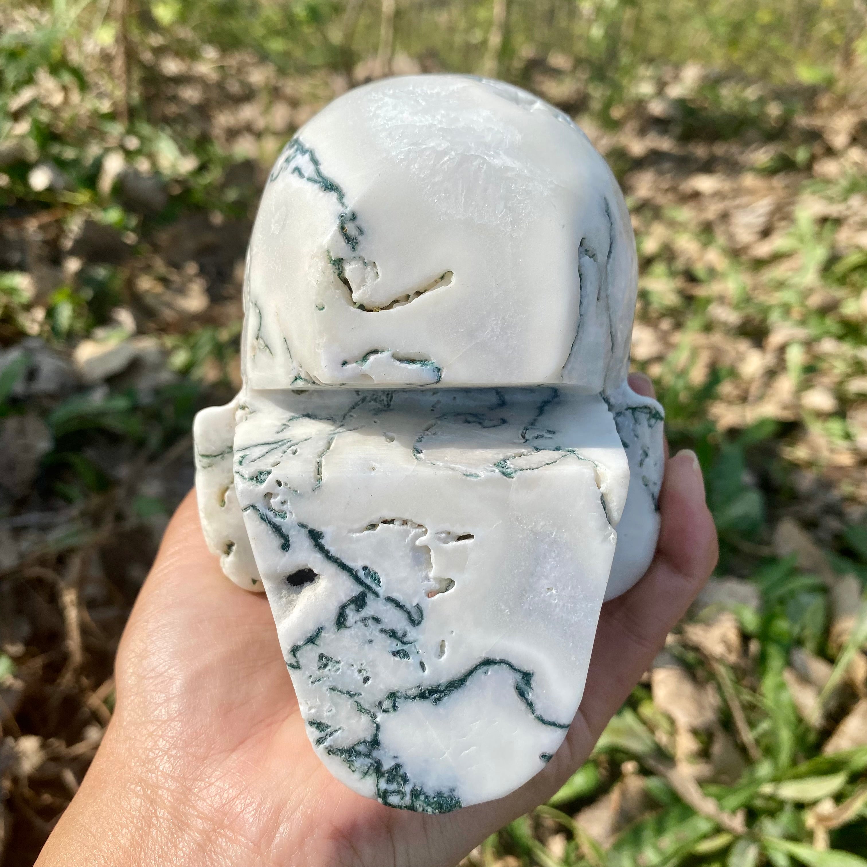 Natural Moss Agate Skull Skeleton Carving