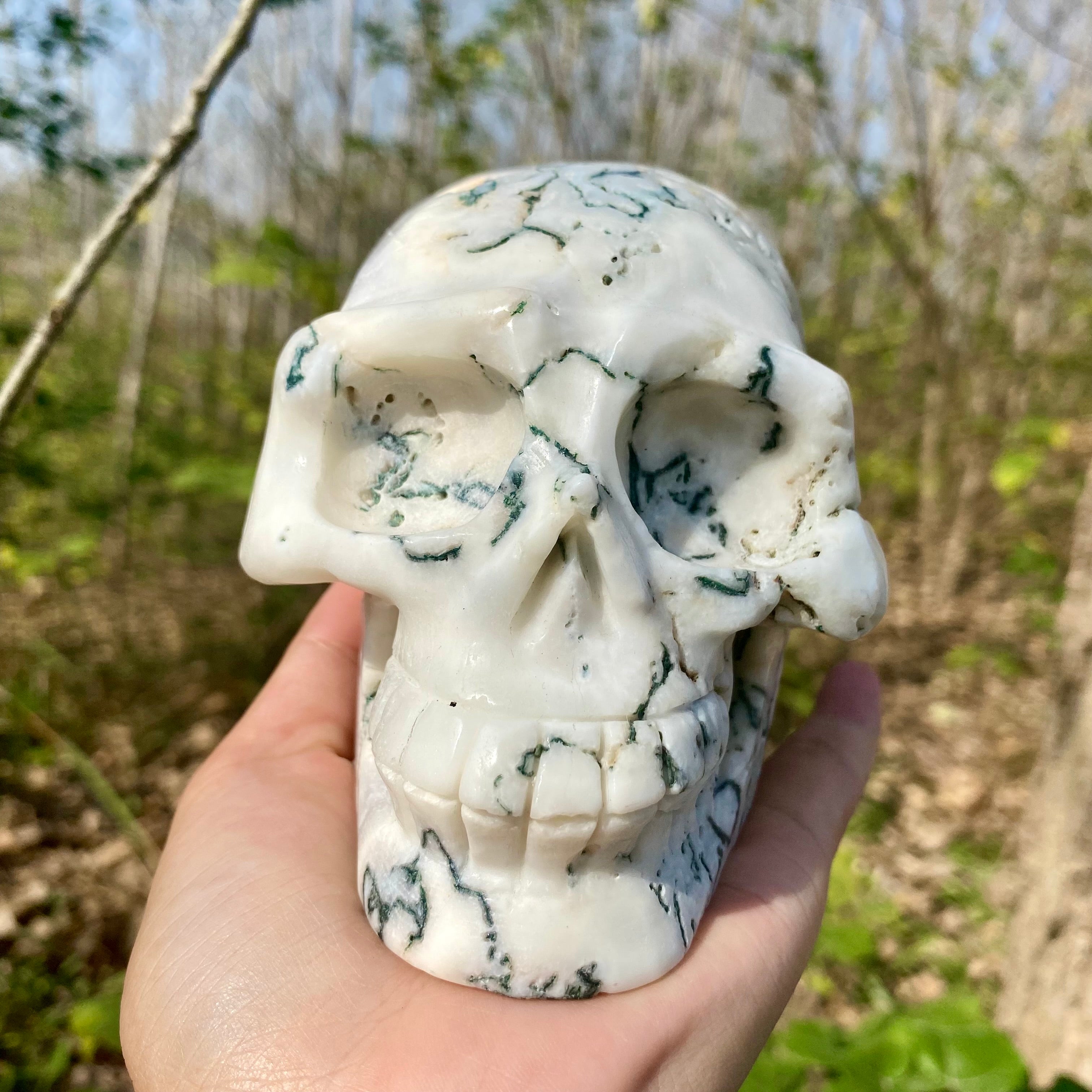 Natural Moss Agate Skull Skeleton Carving