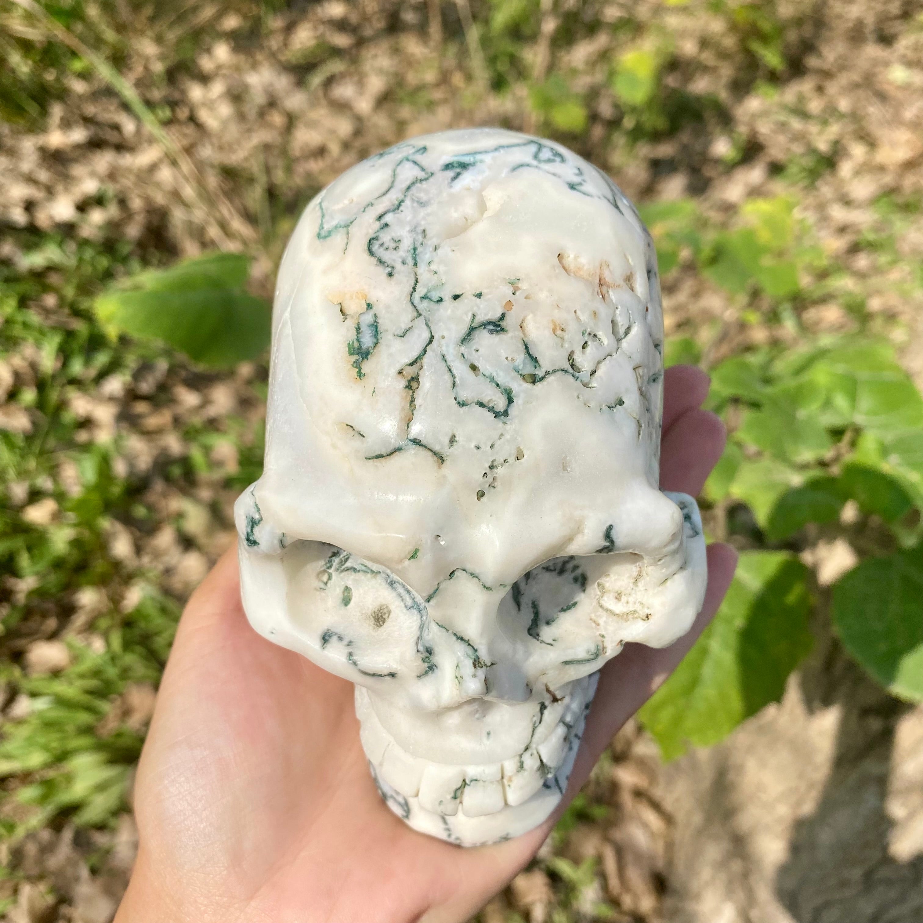 Natural Moss Agate Skull Skeleton Carving