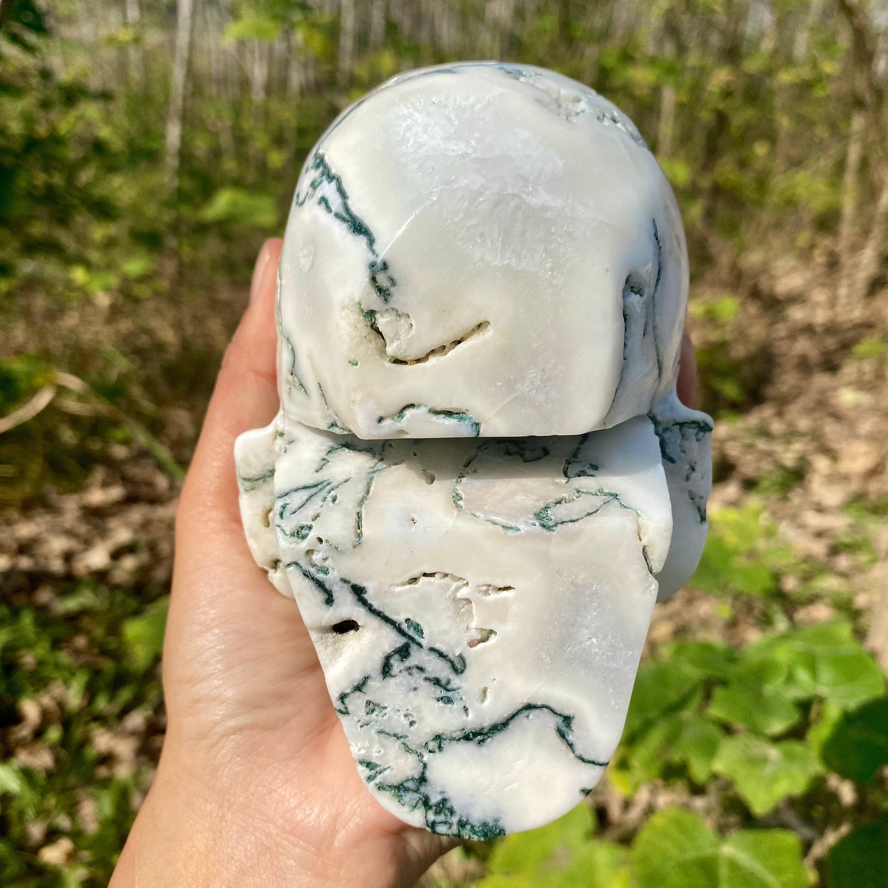 Natural Moss Agate Skull Skeleton Carving