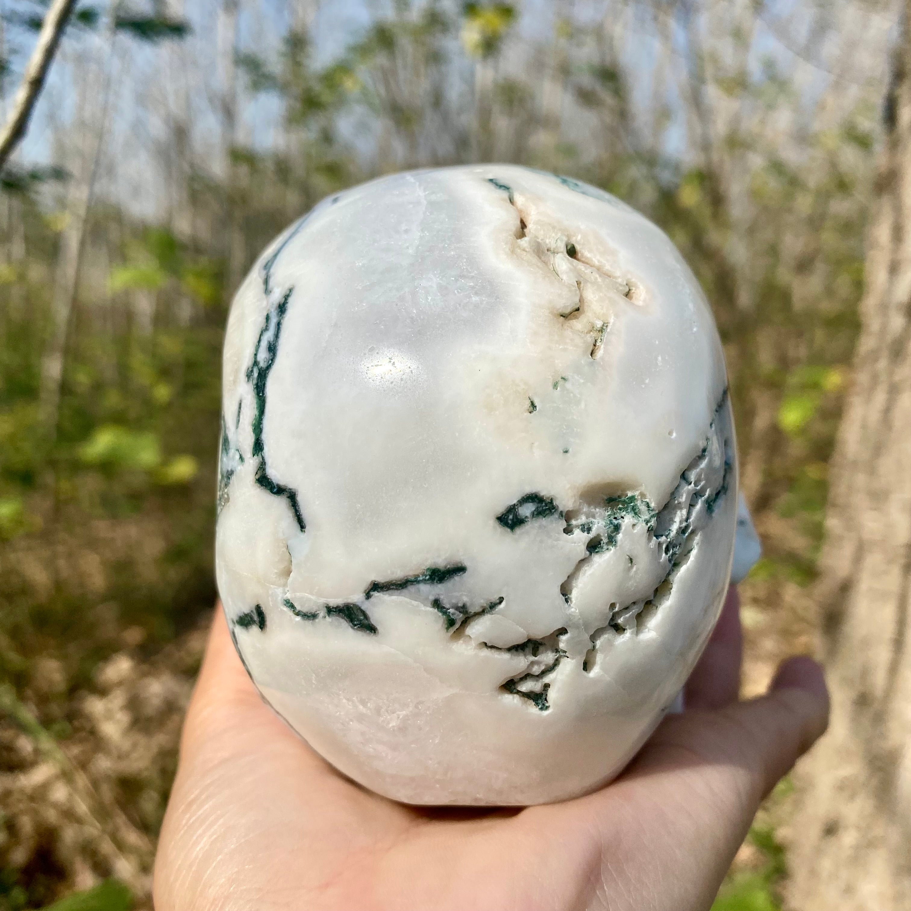 Natural Moss Agate Skull Skeleton Carving